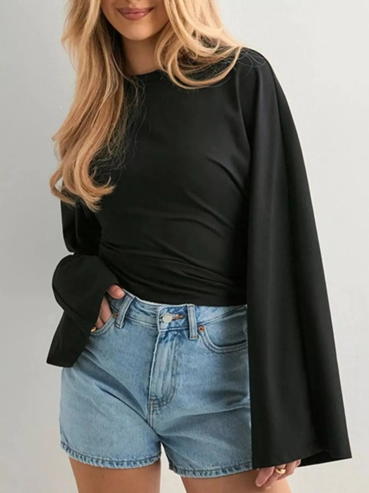 Black Solid Long Sleeve Crew Neck Stretch T-Shirt front view