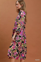 Trendsi Umgee Abstract Print Embroidered Belted Midi Dress -