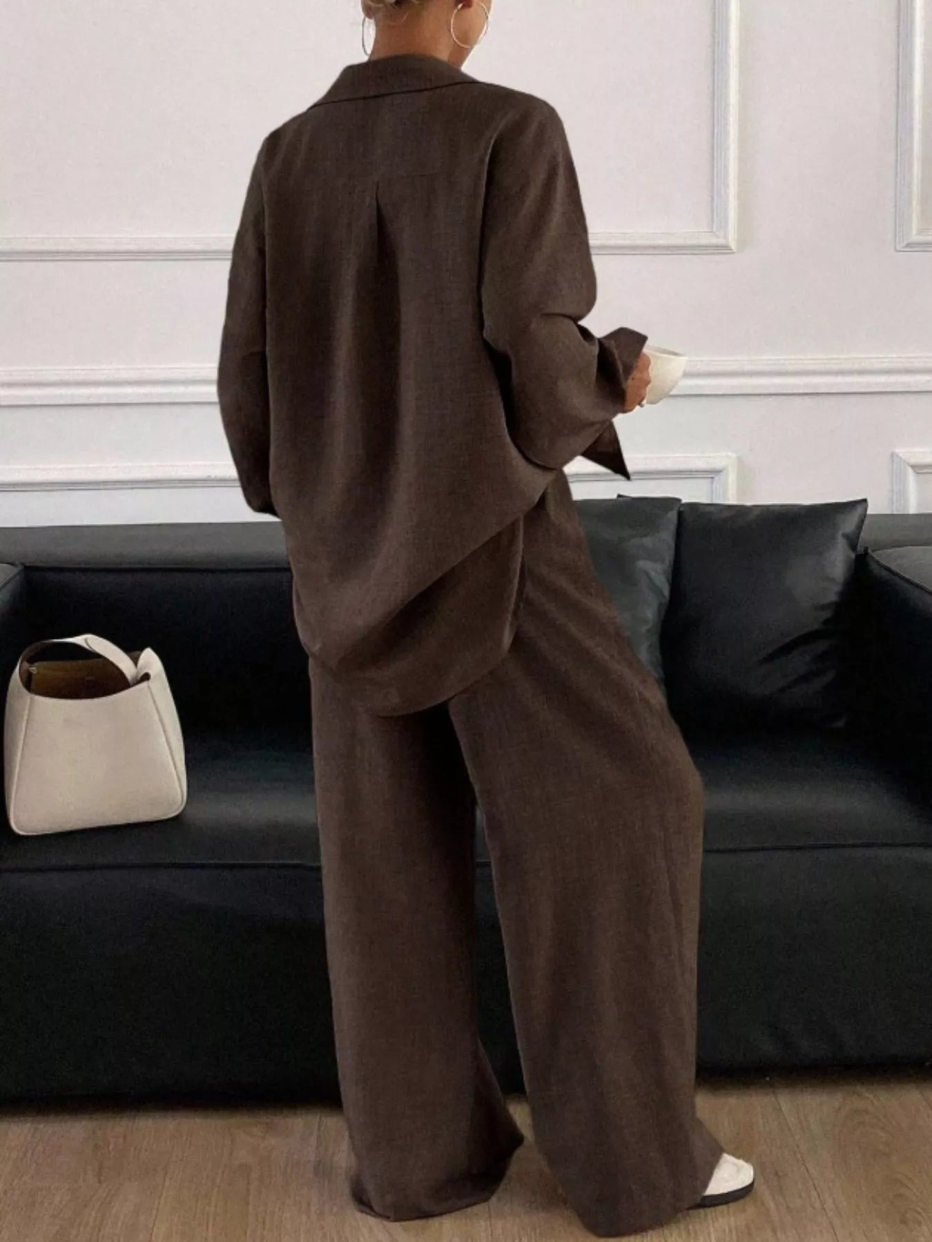 Trendsi Button Up Long Sleeve Shirt and Wide Leg Pants Set -