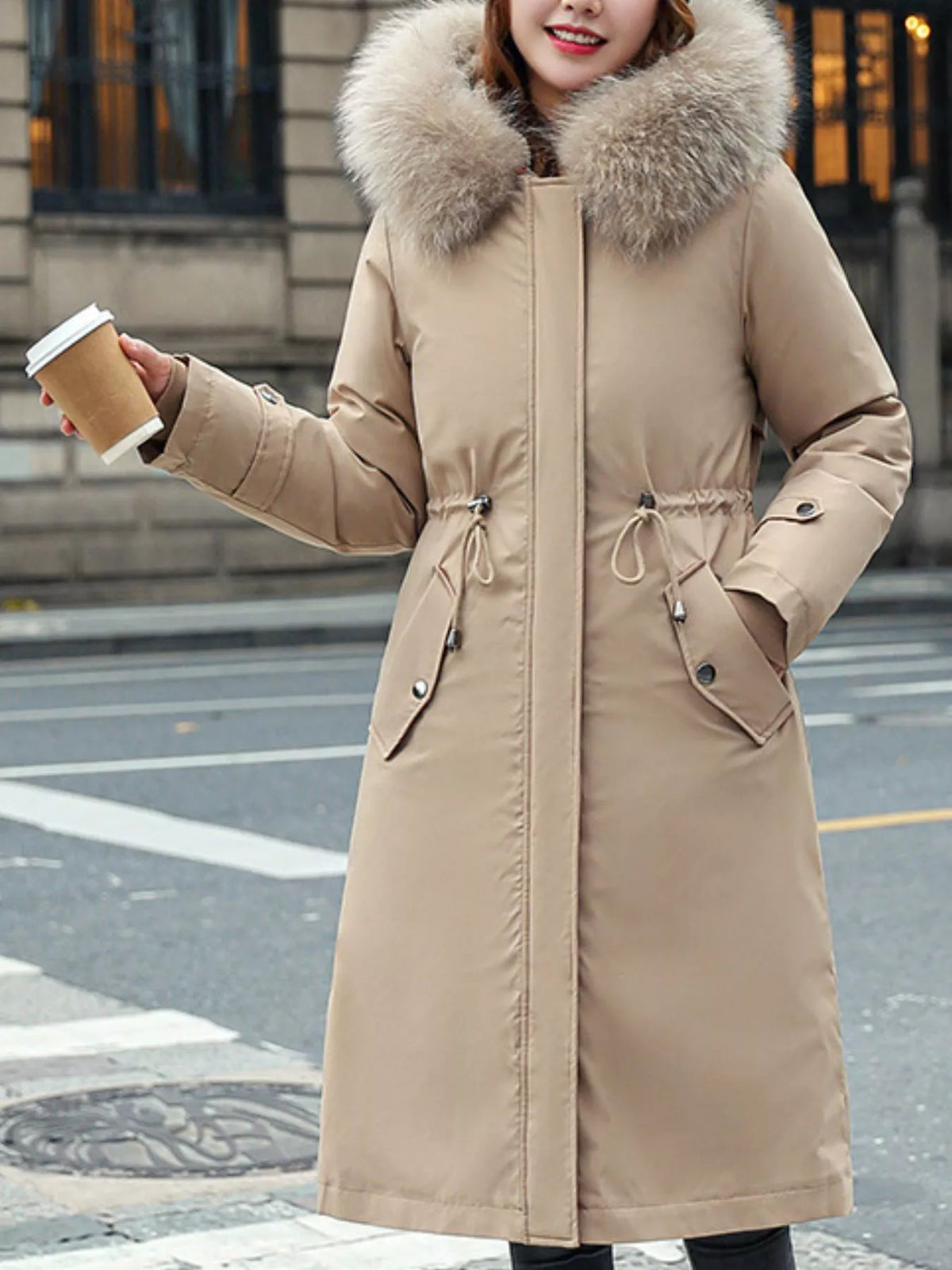Faux-fur-trim parka, beige front