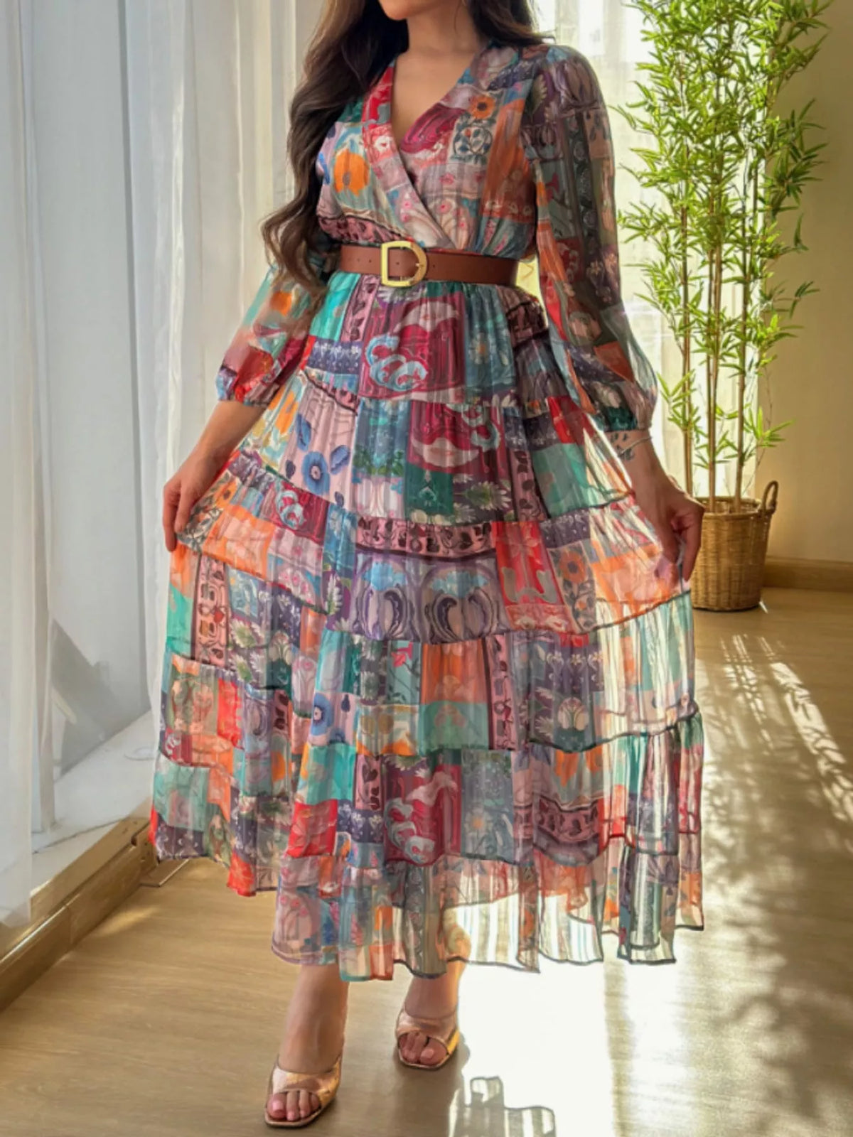 Printed maxi dress, dress flared skirt front
