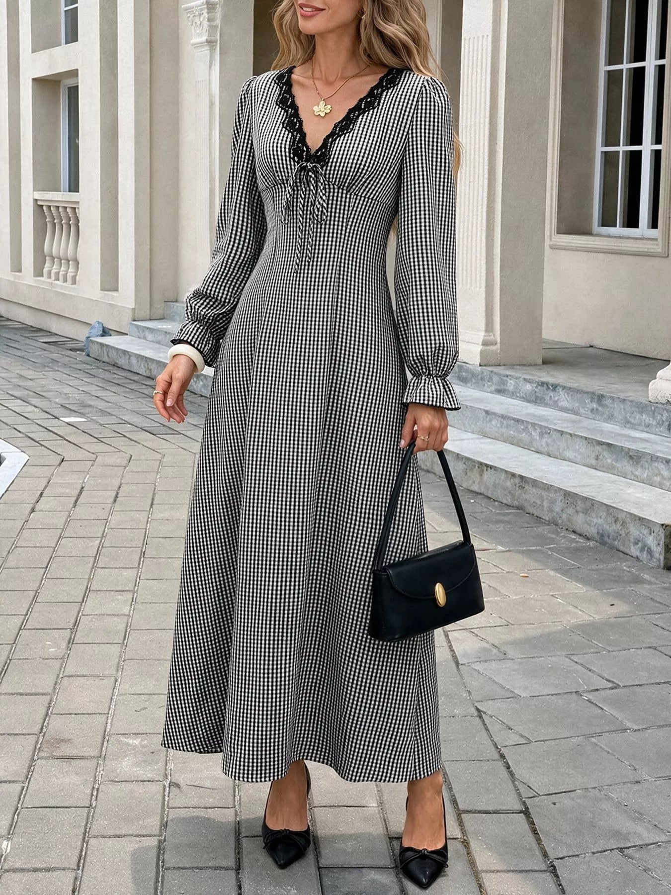 Trendsi Gingham Lace-Trim V-Neck Long Sleeve A-Line Maxi Dress -