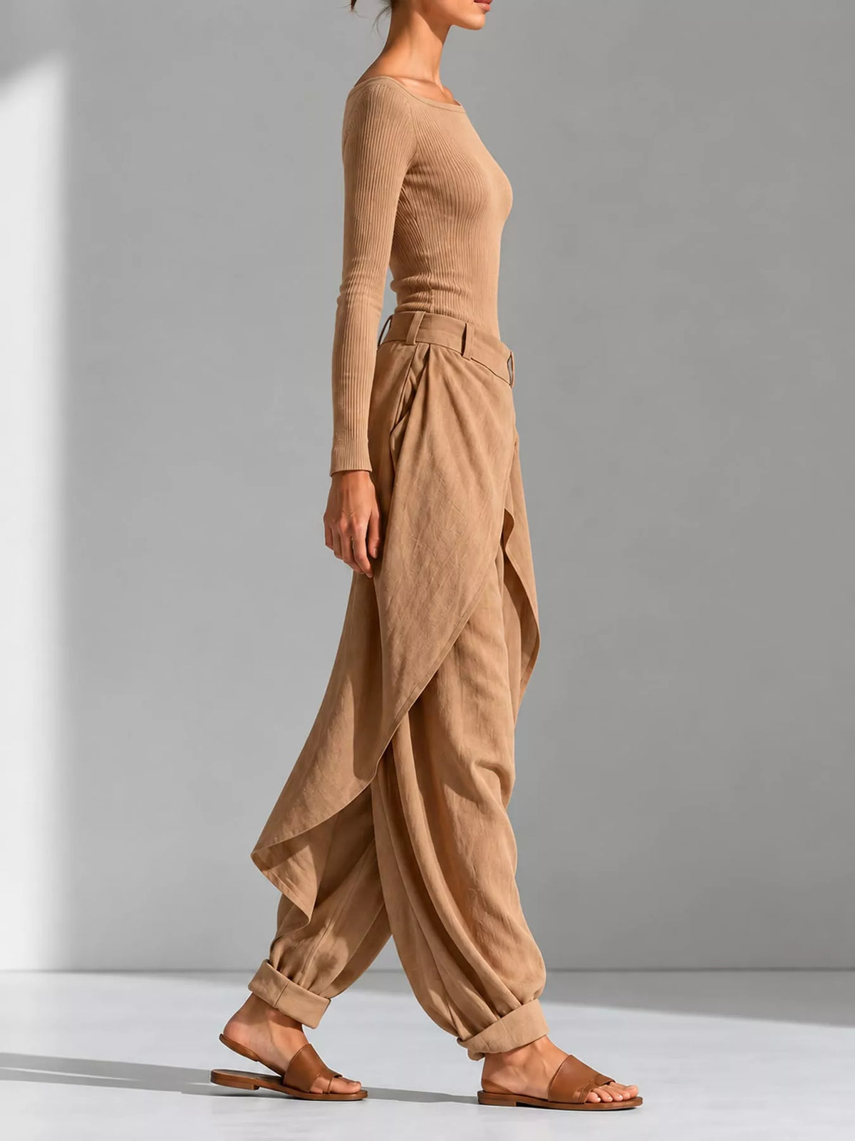 Tan boat neck long sleeve top and wrap pants set — side view