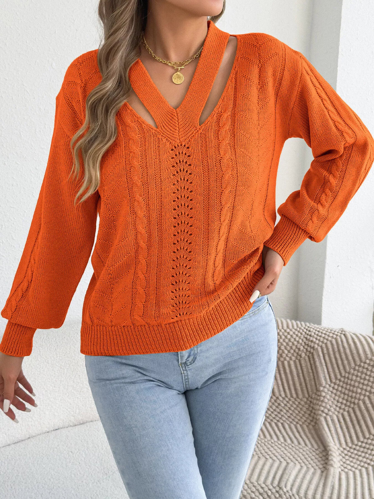 Khaki Color cut-out cable knit sweater