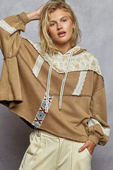 Trendsi POL Drawstring French Terry Hoodie with Gauze Print Patch -