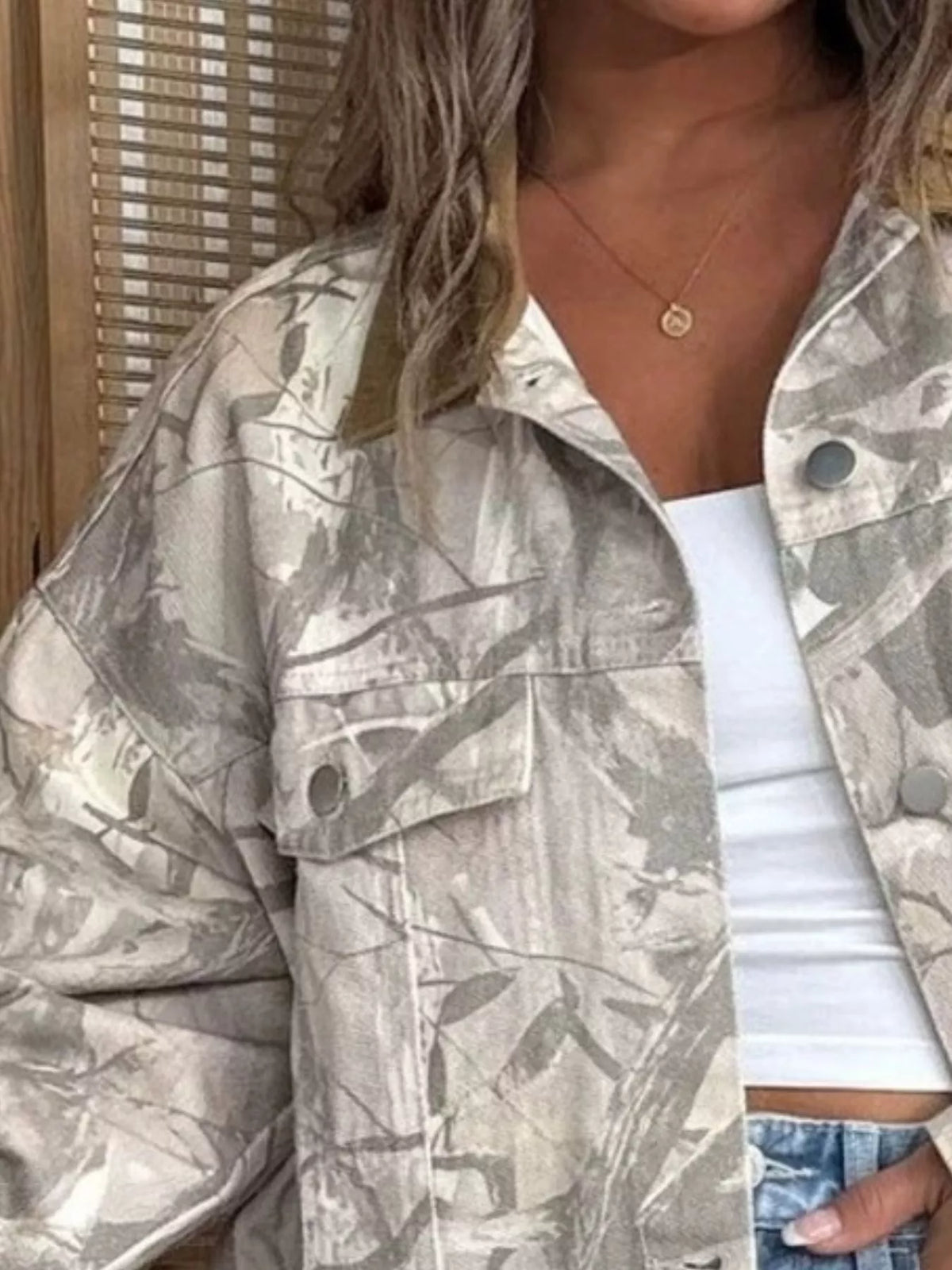 Gray Printed Button-Up Denim Jacket button and pocket detail