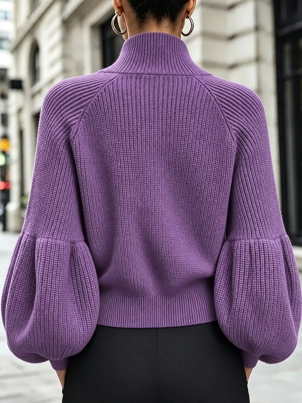 Purple ribbed knit zip-up lantern sleeve cardigan, back view