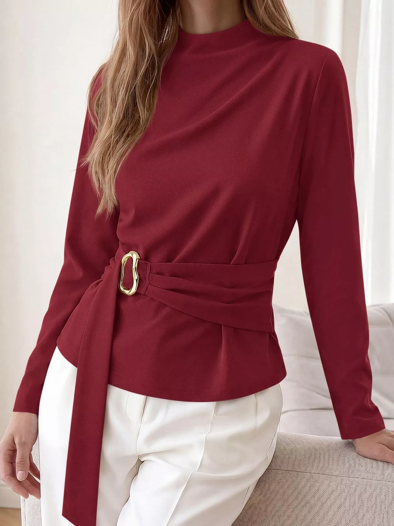 Trendsi Mock Neck Blouse with Waist-Defining Metal Buckle Detail -
