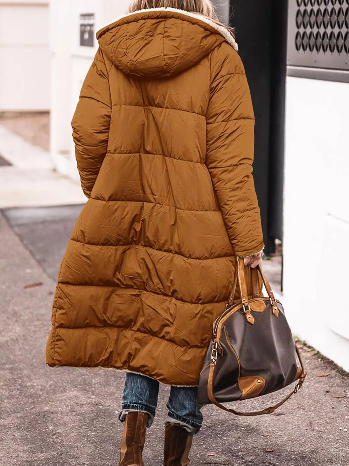 Camel longline sherpa-lined hooded puffer coat, back view