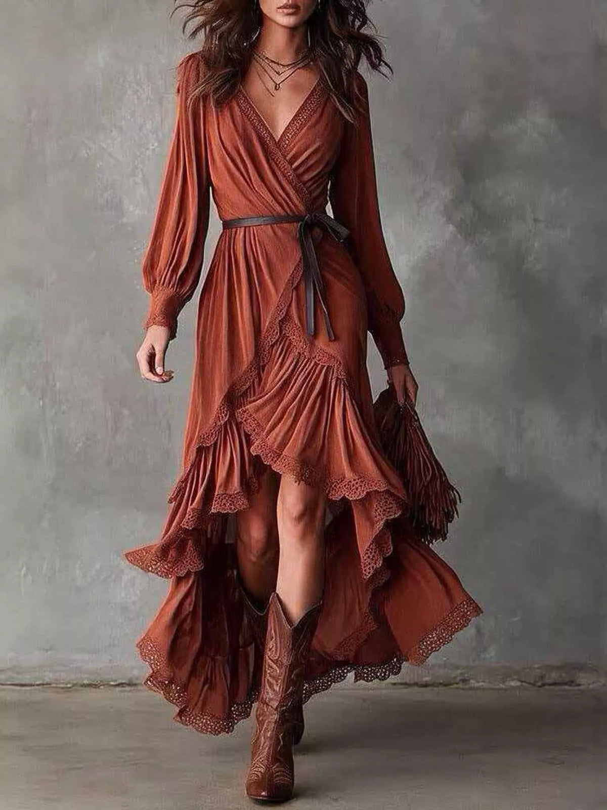 High-Low Hem Surplice Dress in brick red