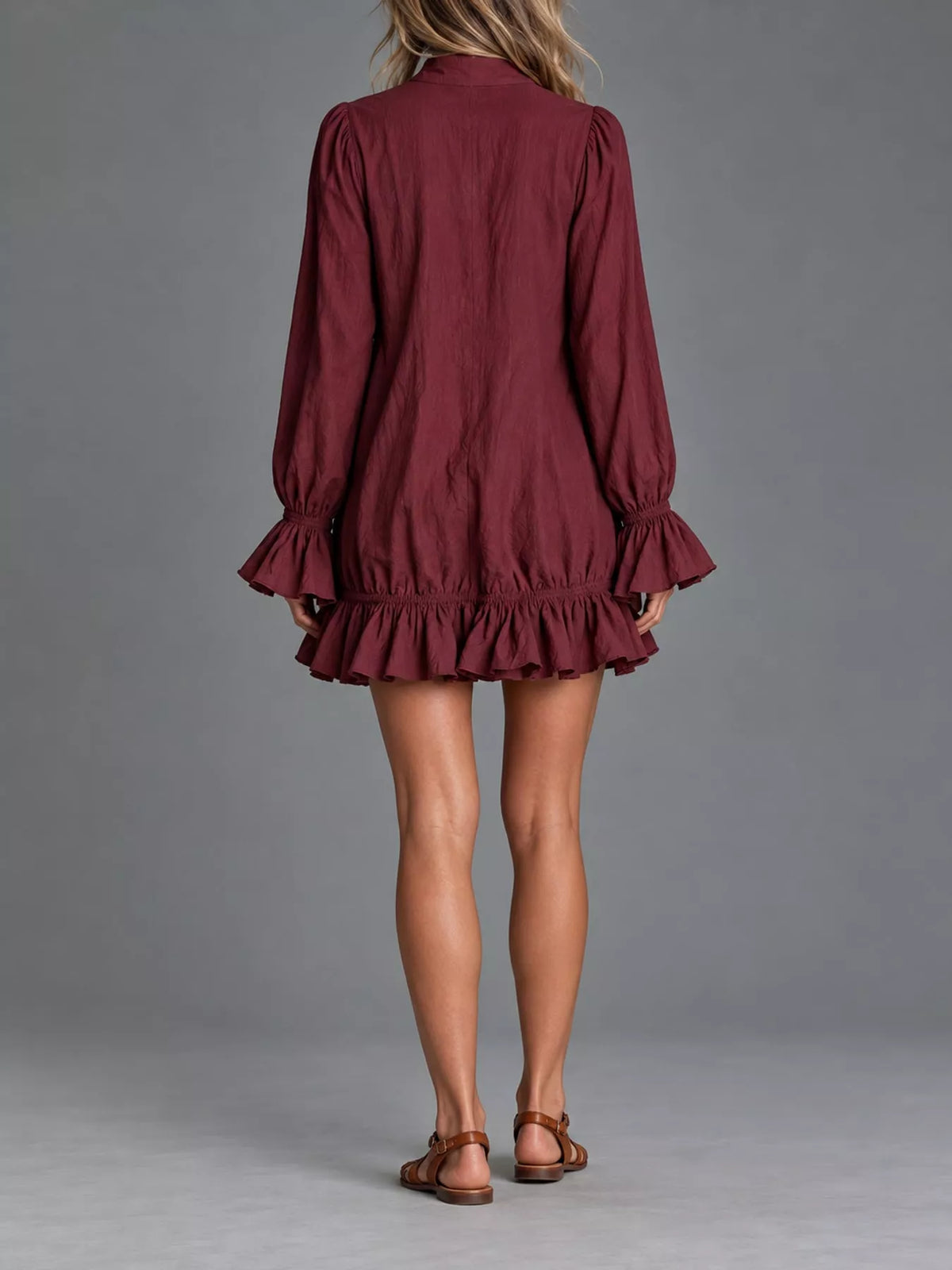 Ruffled-hem mini dress, burgundy back