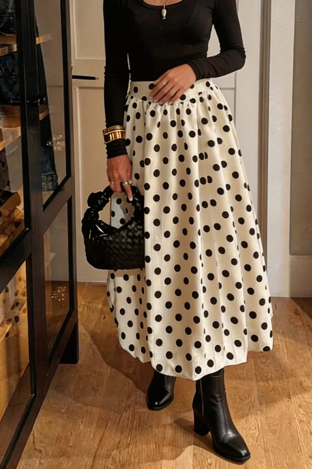 Polka dot bubble hem midi skirt