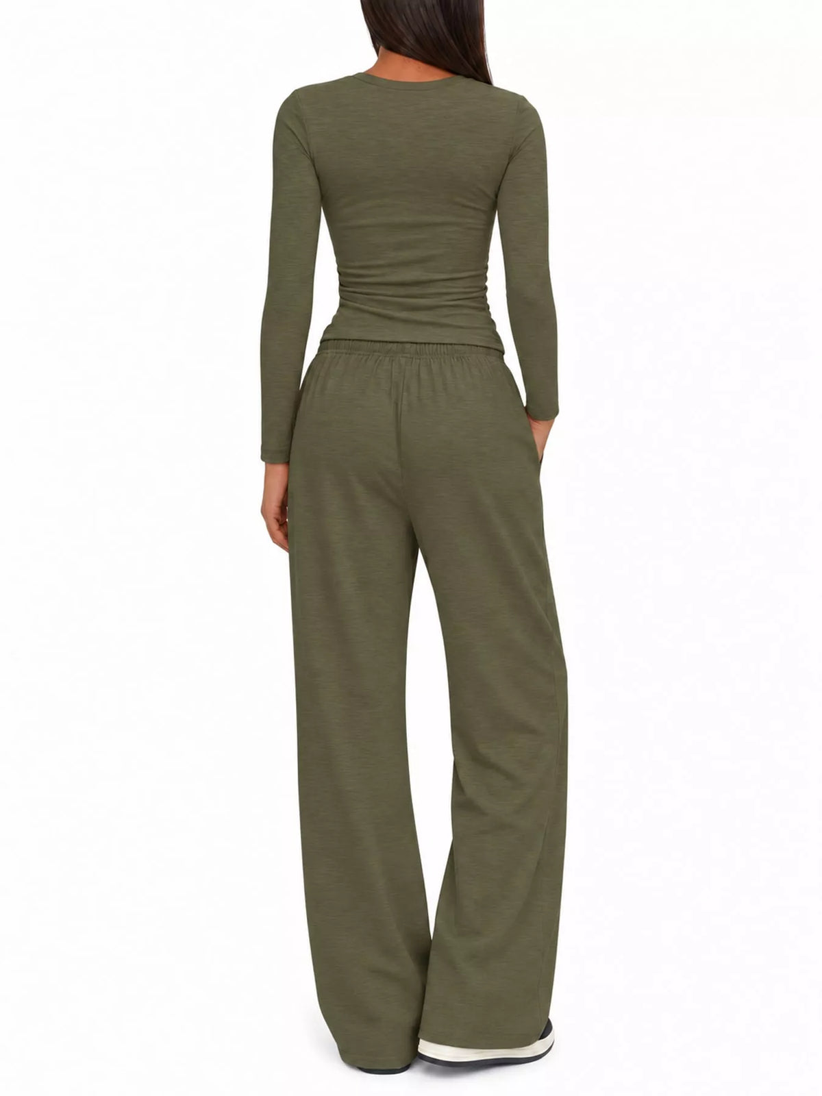 Long Sleeve Ruched Top and Wide-Leg Drawstring Pants Set — back view
