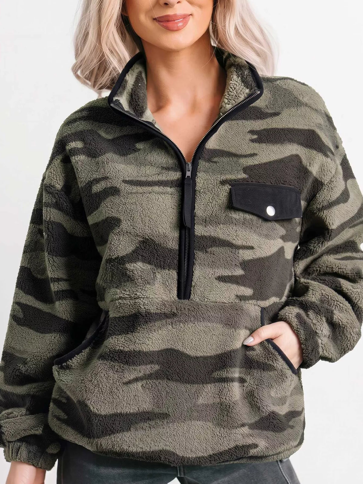 Camouflage Fleece Half Zip-Up Pocket Sweatshirt in army green, front view