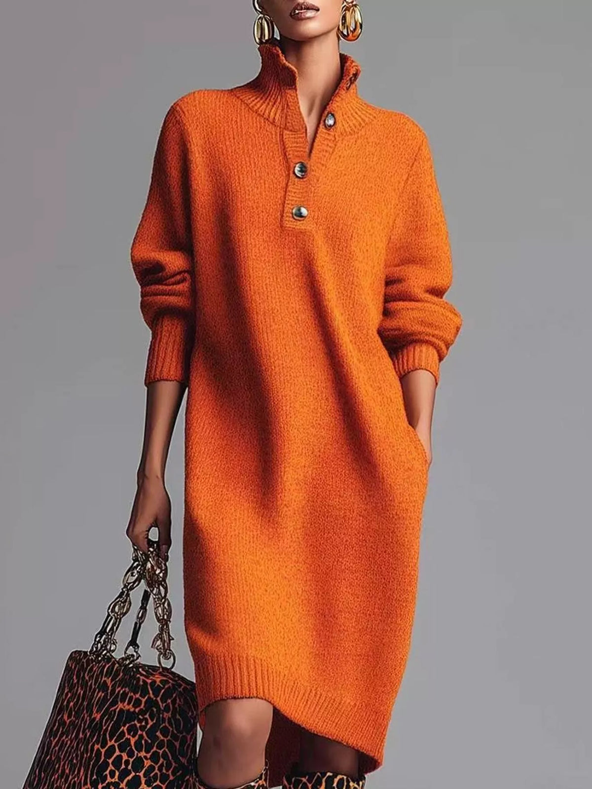 Collared long sleeve knee dress, front view on model