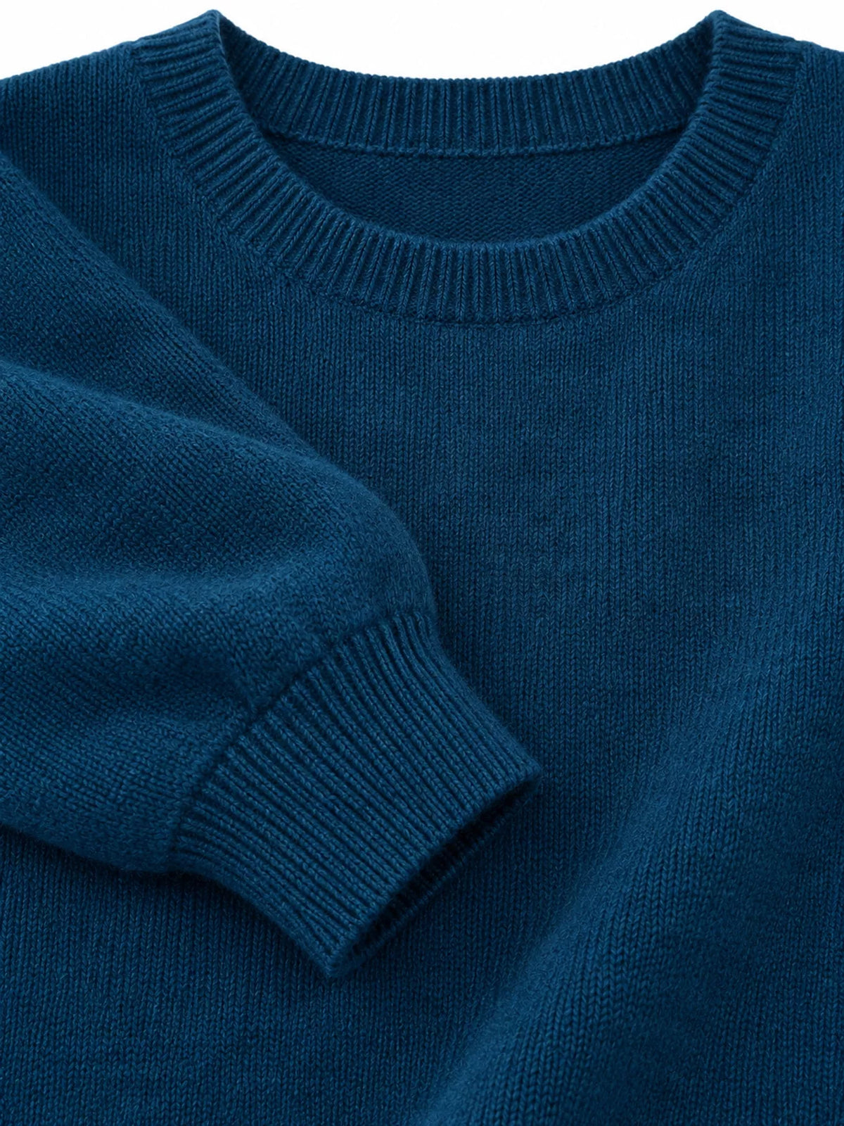 Peacock Blue crew neck sweater, detail view