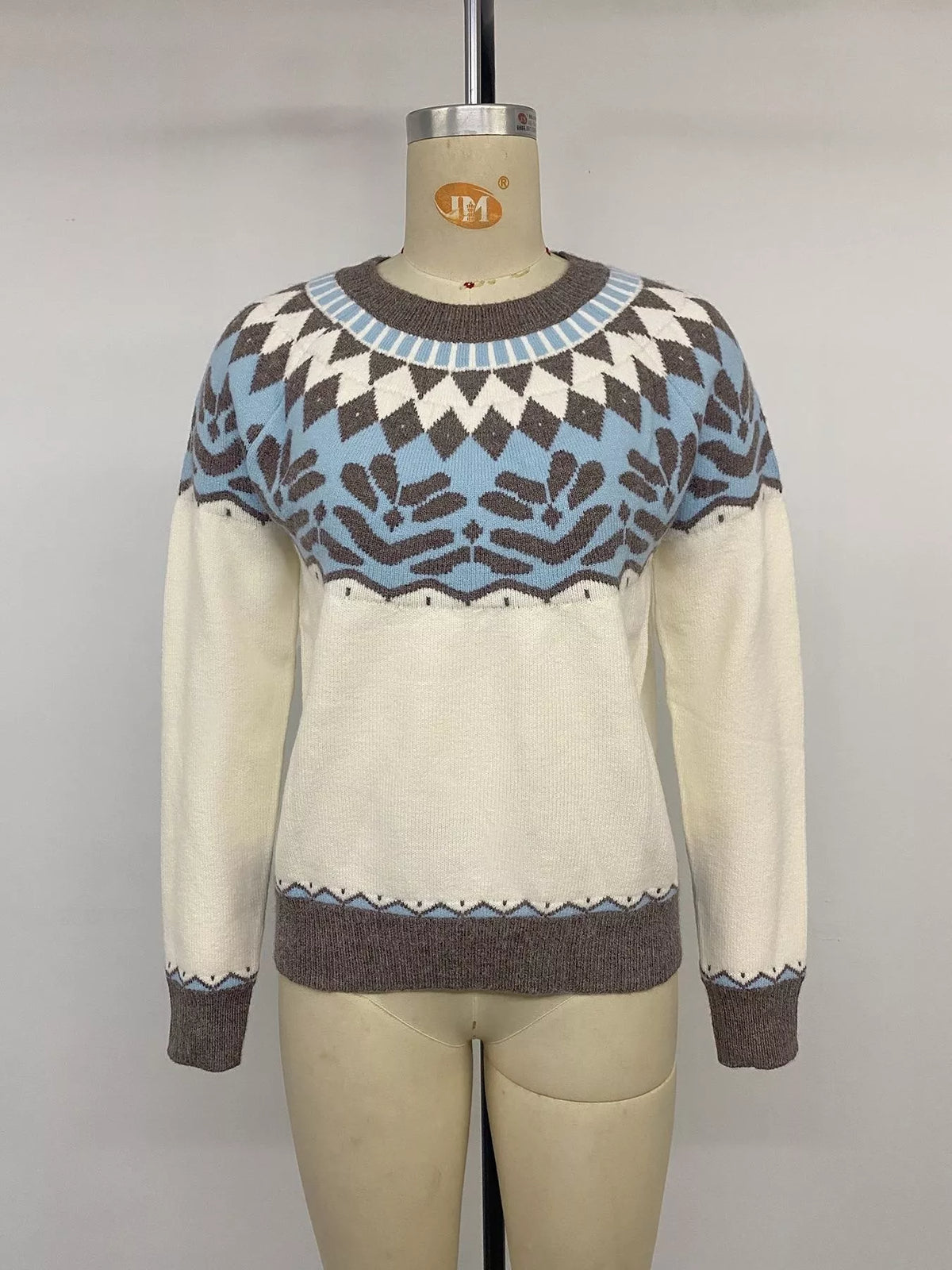 Cream Fair Isle round neck sweater, front on mannequin