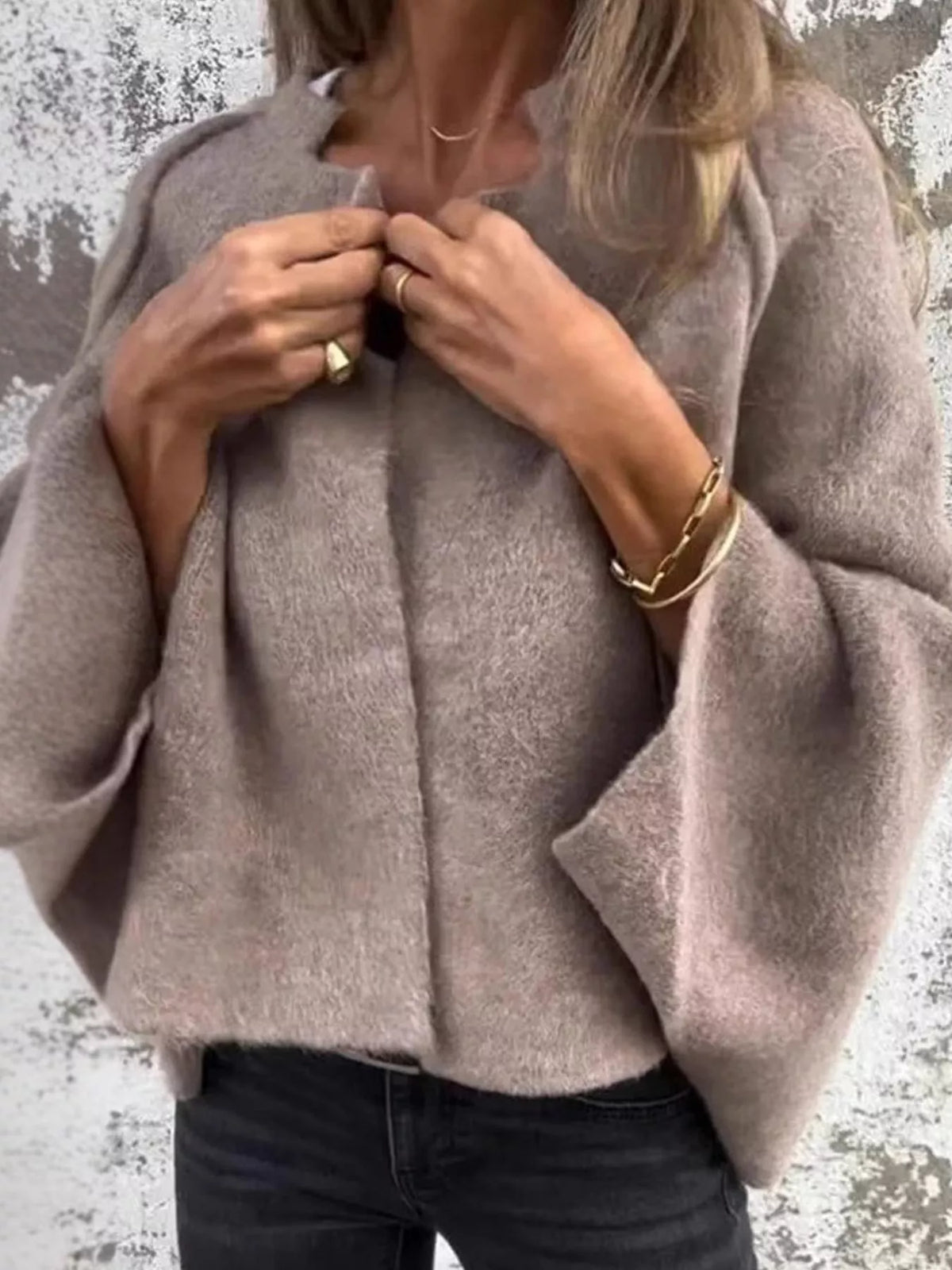 Fuzzy Texture Open-Front Cropped Jacket — front view