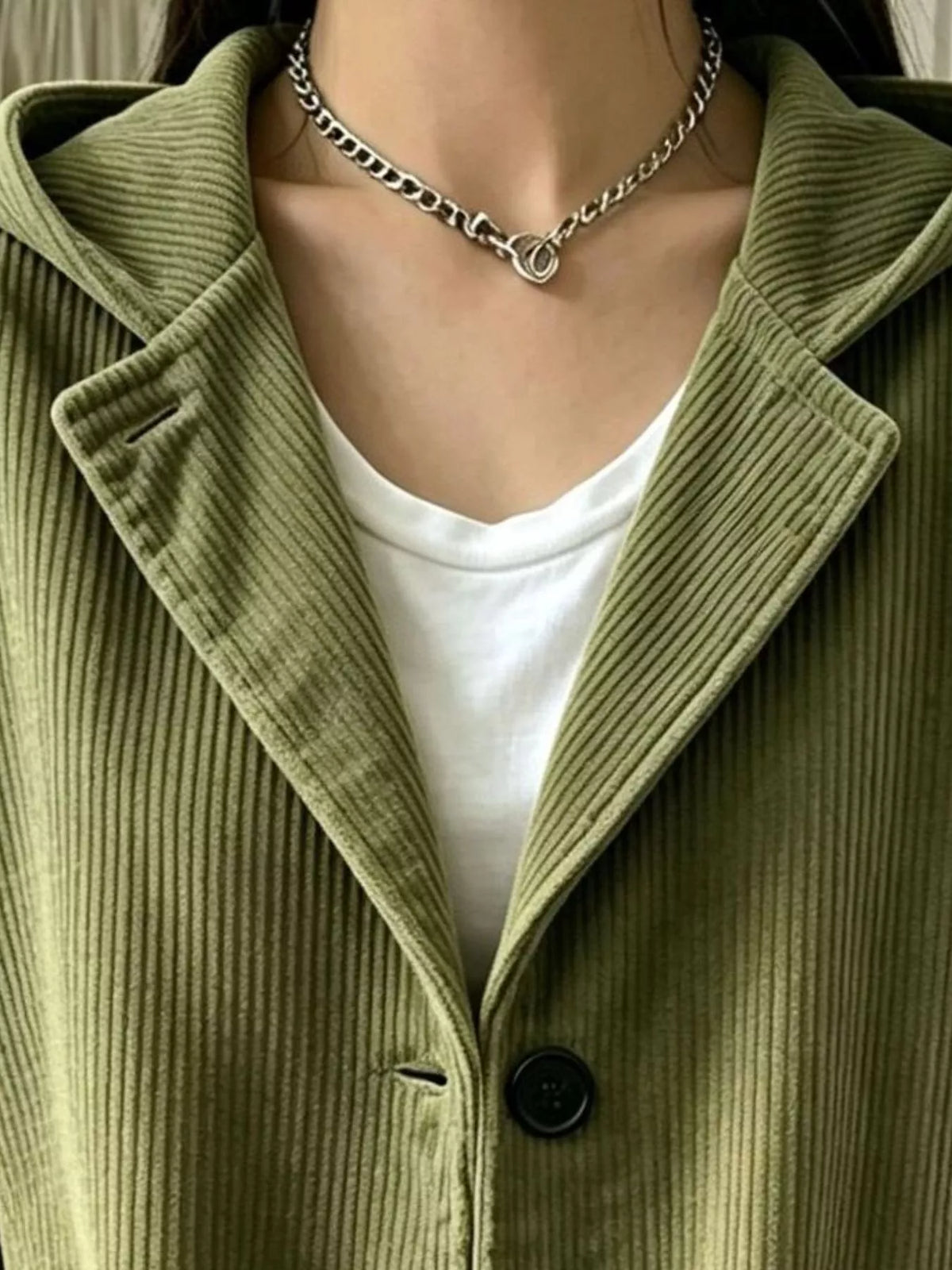 Women's Corduroy Button Up Hooded Jacket in olive — front view