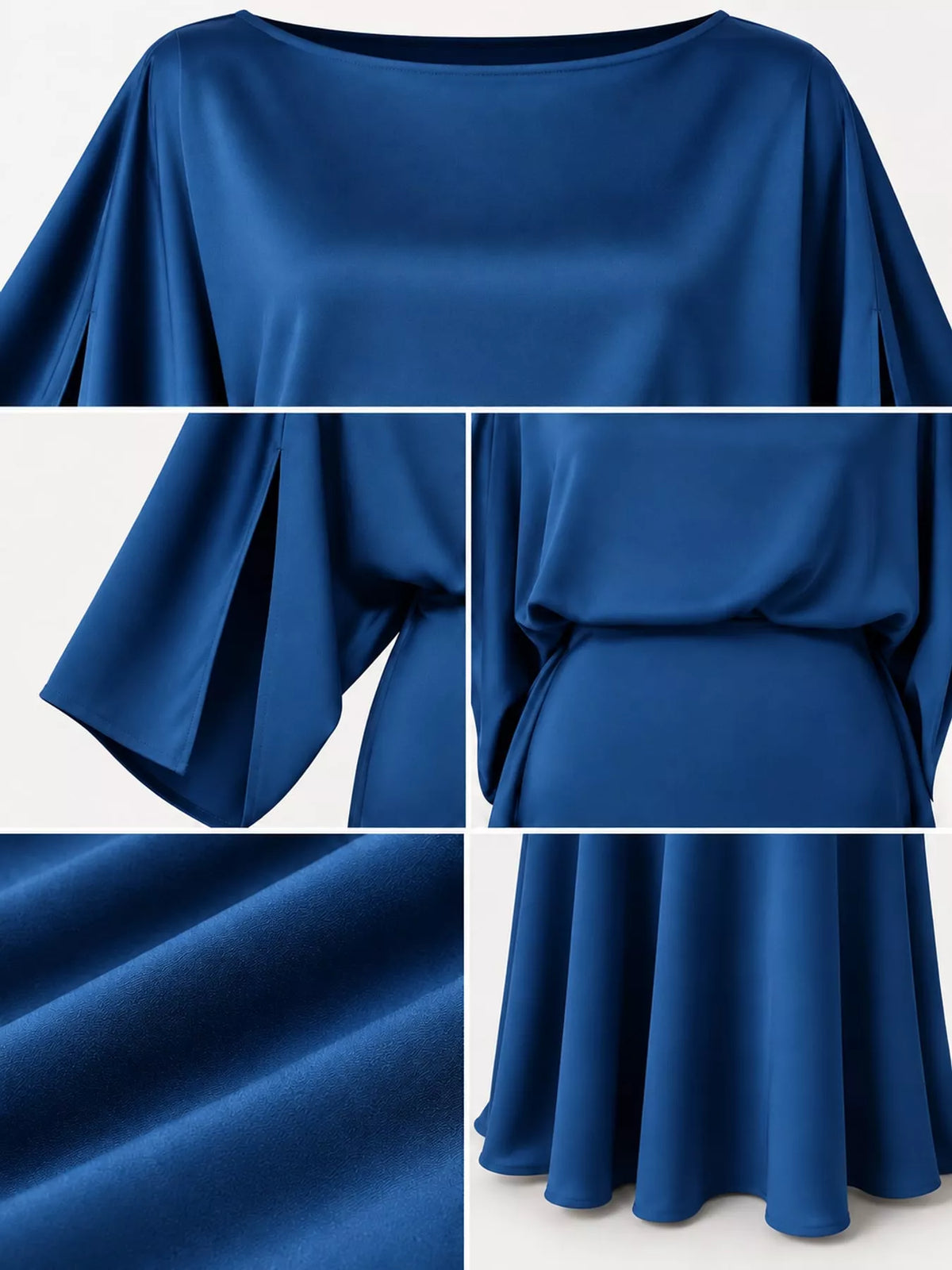 Blue satin cape sleeve maxi dress, detail view