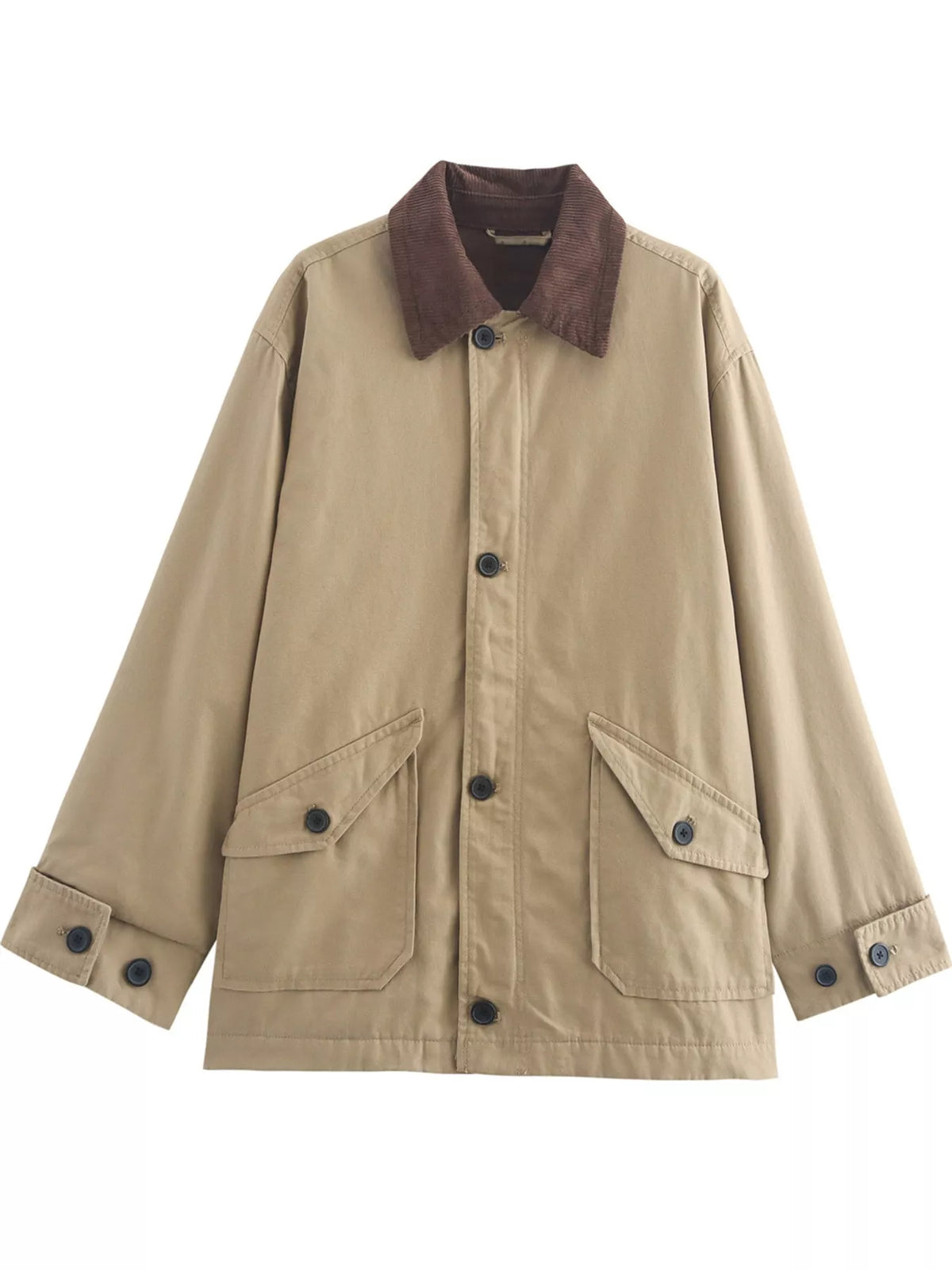 Tan contrast corduroy collar button-up jacket — front view