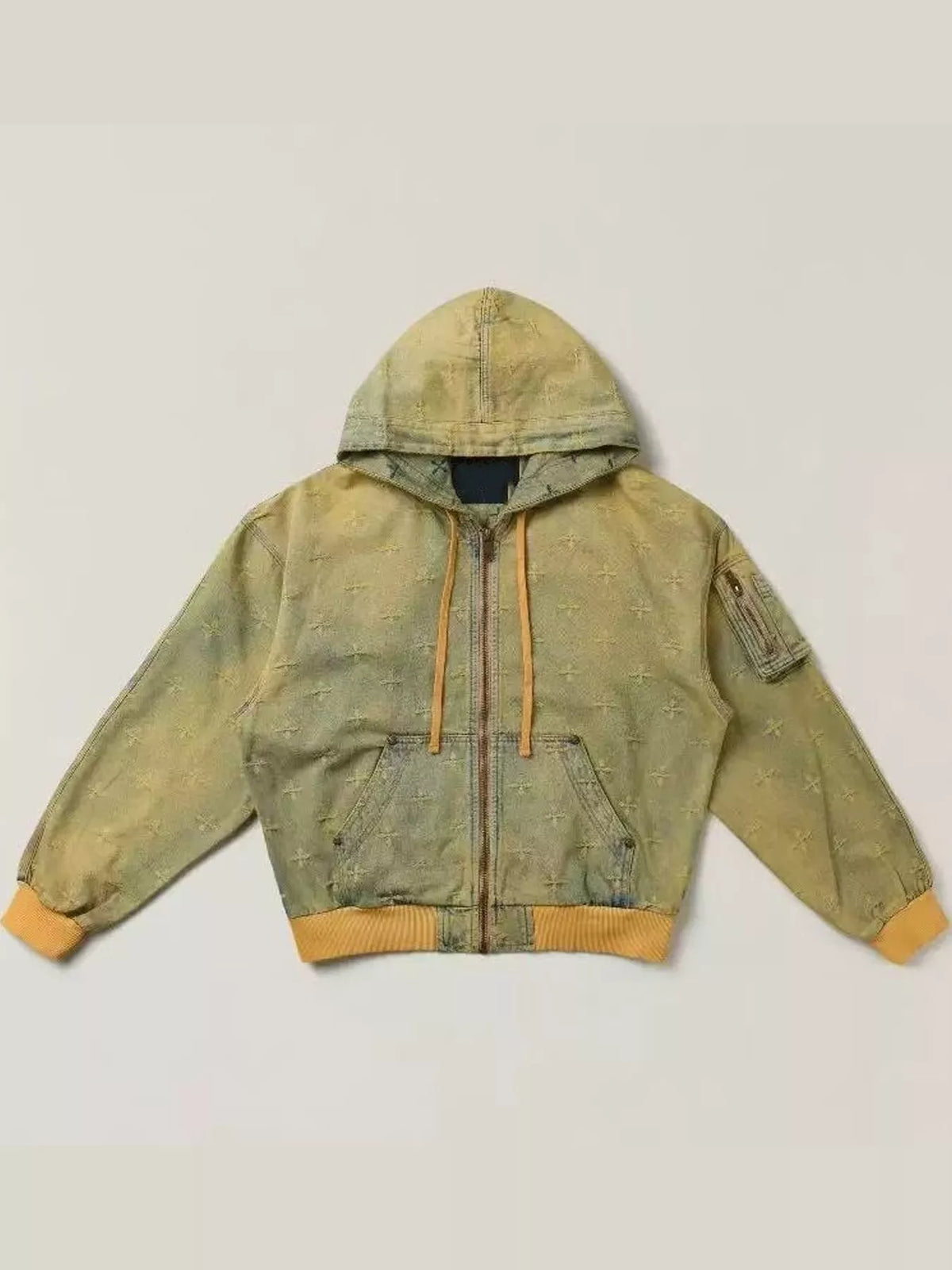 Embroidered Hooded Zip-Up Denim Jacket — garment front