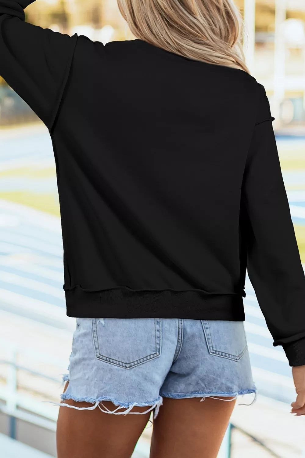 Rhinestone Flying Mallard Mock Neck Tunic Sweatshirt in black, side view
