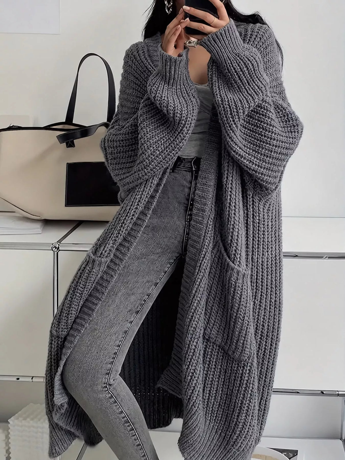 Longline knit cardigan, gray front