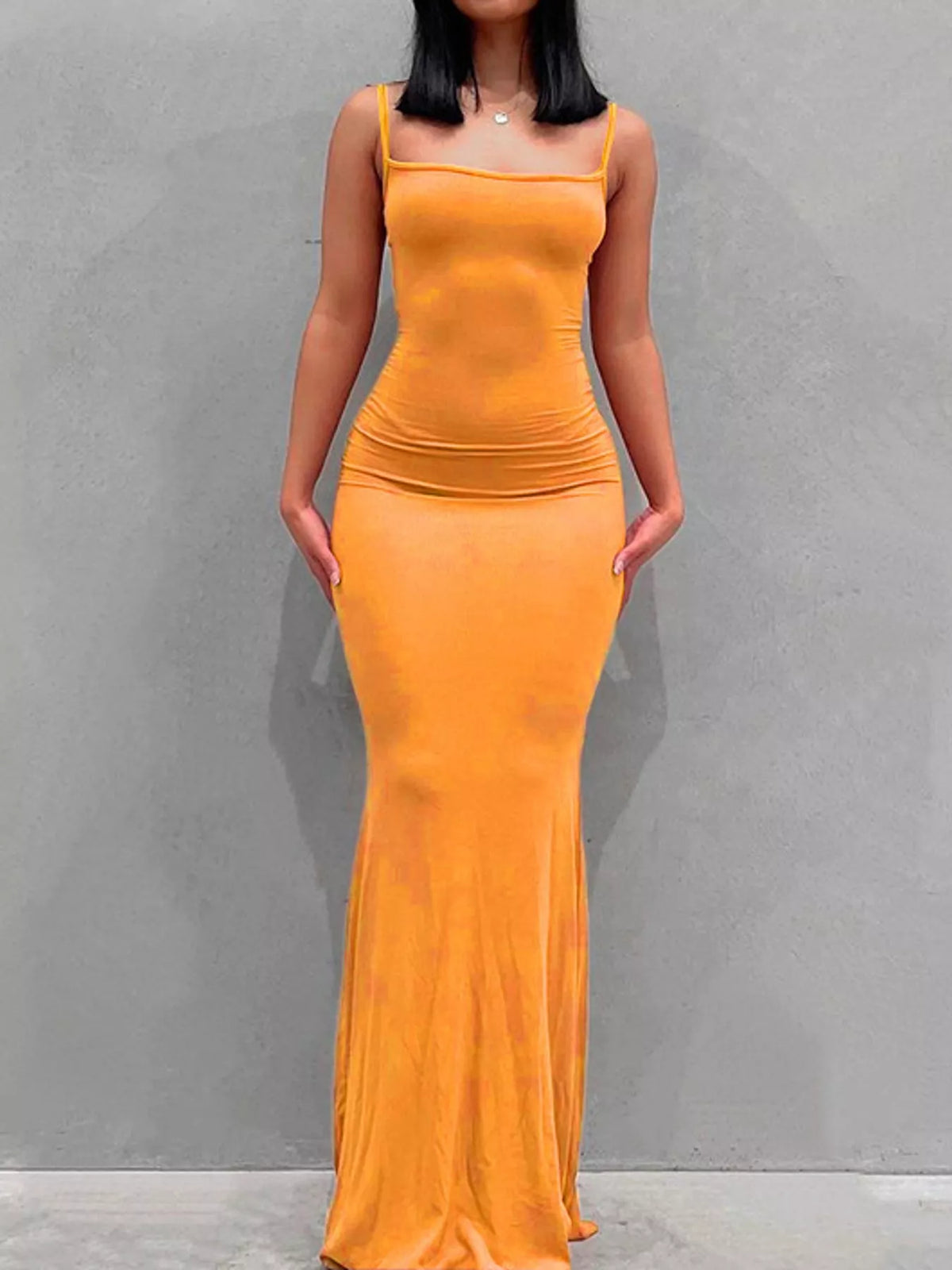 Square neck spaghetti-strap maxi dress, front view on model