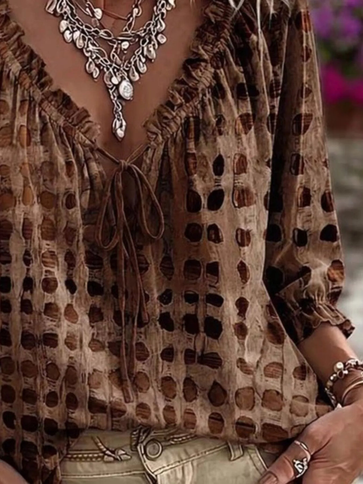 Brown Tie Neck 3/4 Sleeve Blouse back view