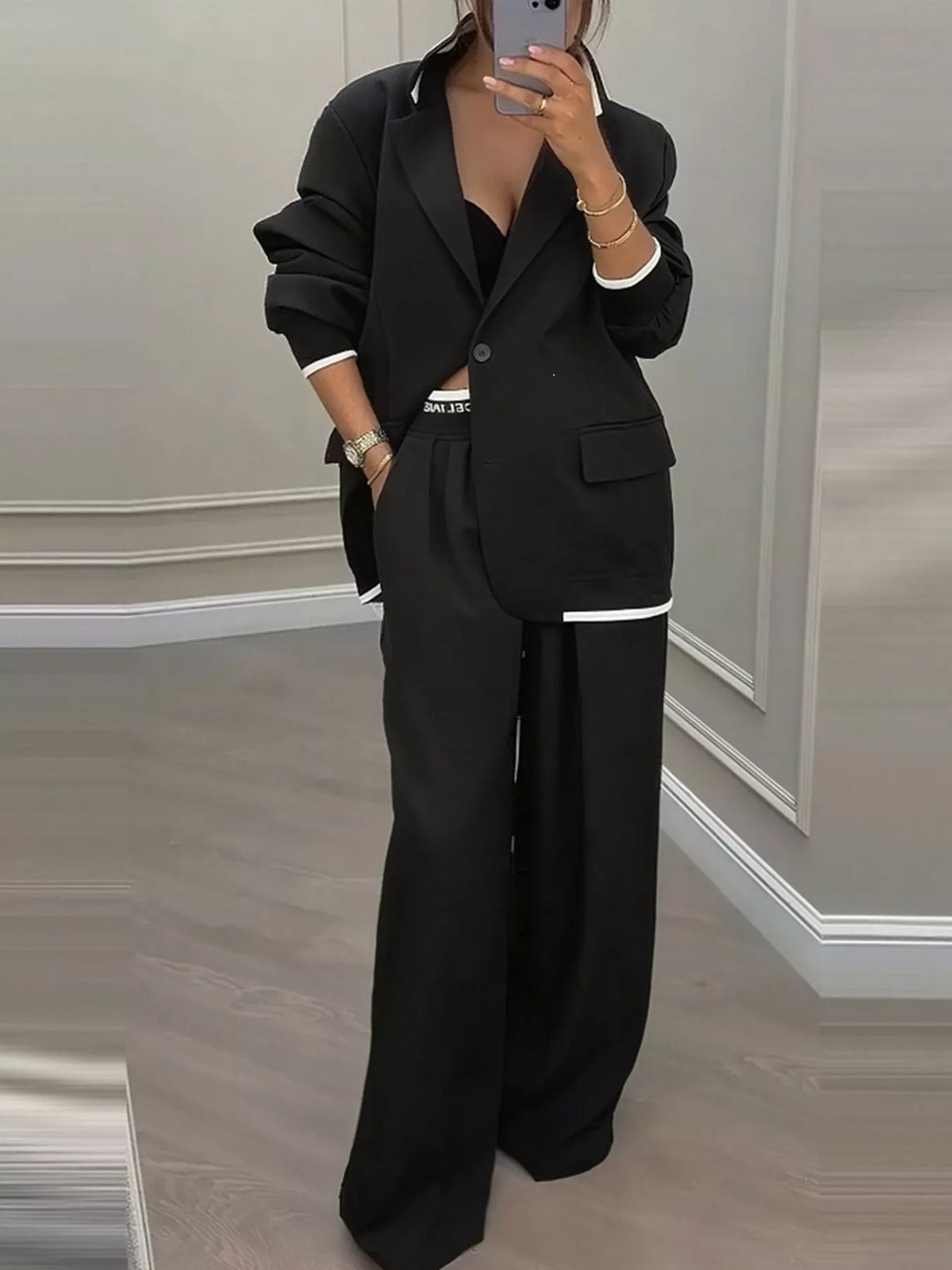 Black contrast-trim blazer and wide-leg pants set