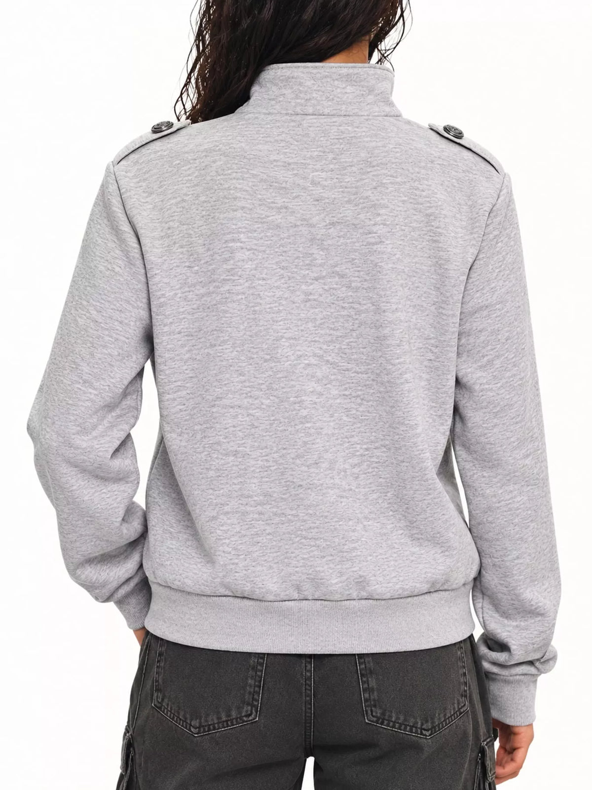 Gray zip up long sleeve jacket, back view