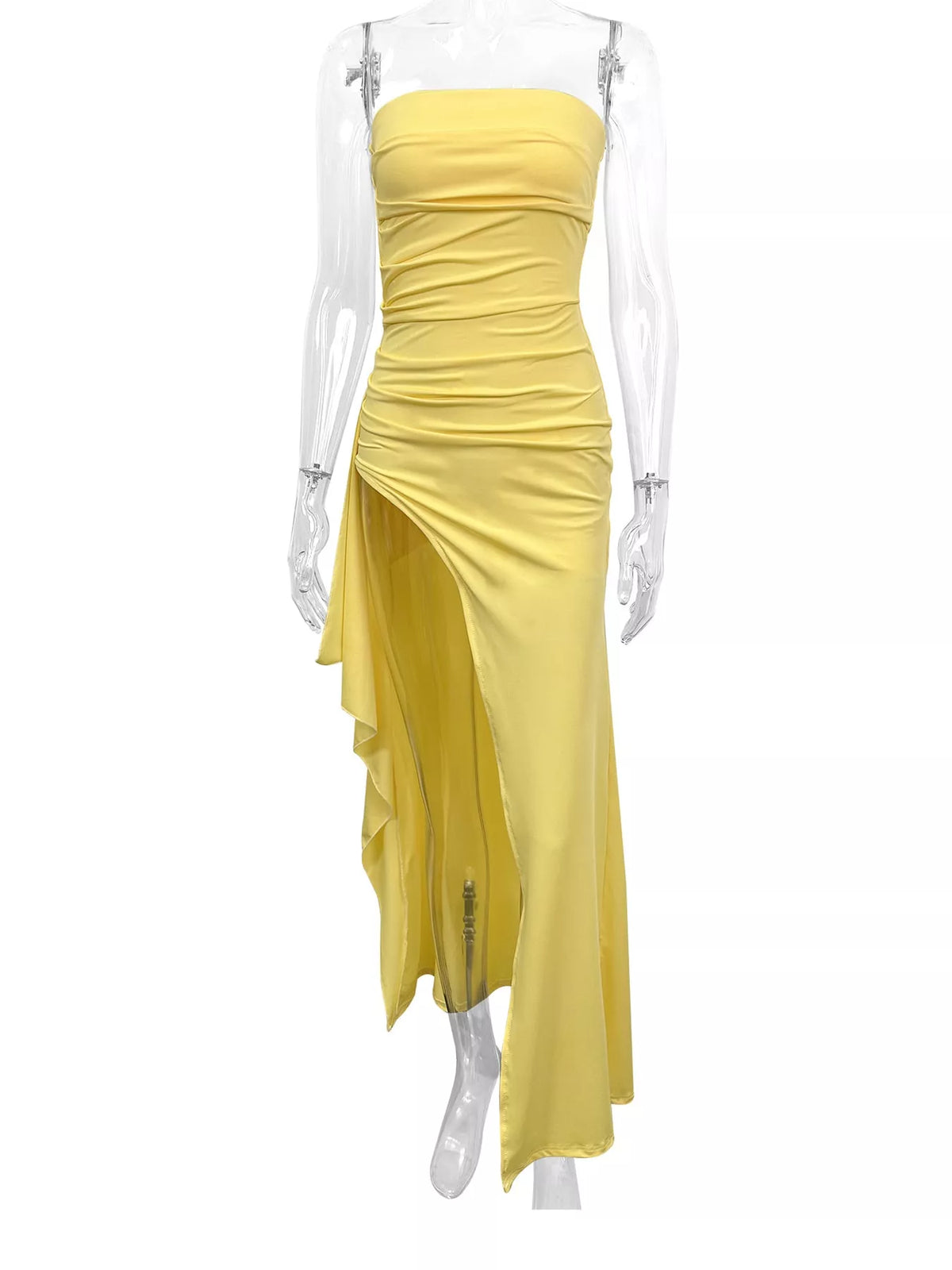 Yellow strapless high slit bodycon maxi evening dress, front view