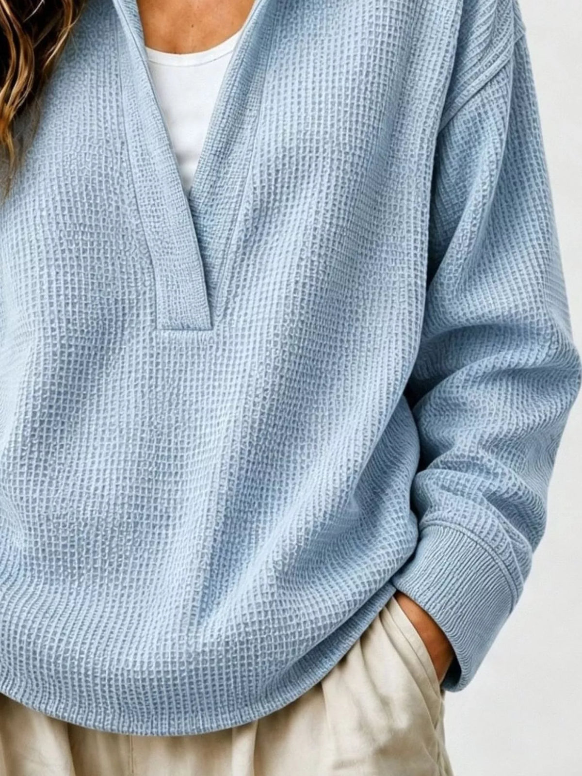 Light Blue Waffle Knit Dropped Shoulder Sweatshirt detail view