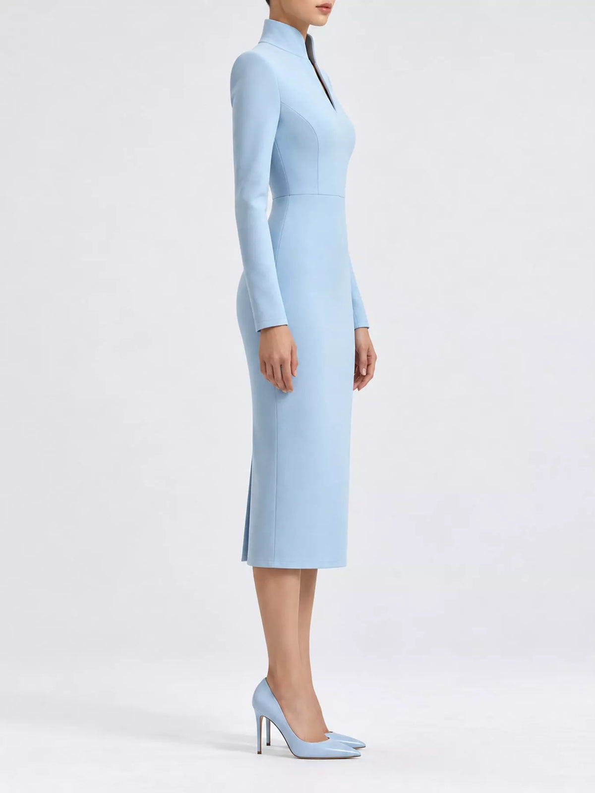 Women's Stand-Collar Long-Sleeve Midi Dress in light blue — side view