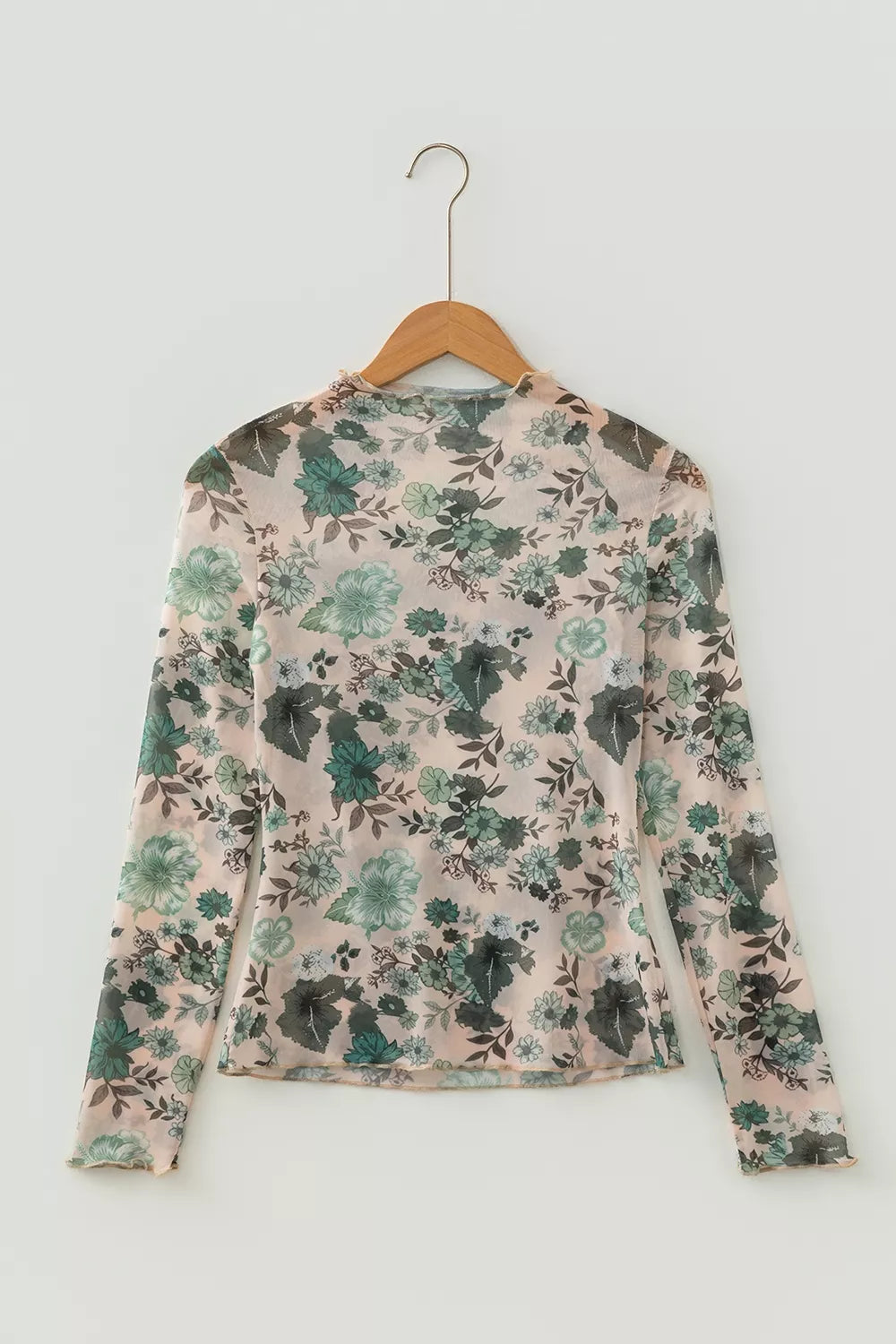 Trendsi Floral Print Mesh Mock Neck Long Sleeve Top -