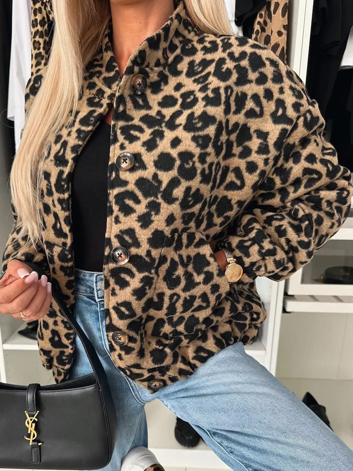 Women's Leopard Print Button-Down Jacket in tan leopard — front view