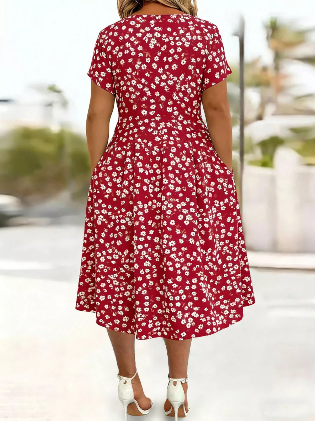 Red floral short sleeve midi dress with pockets, back view