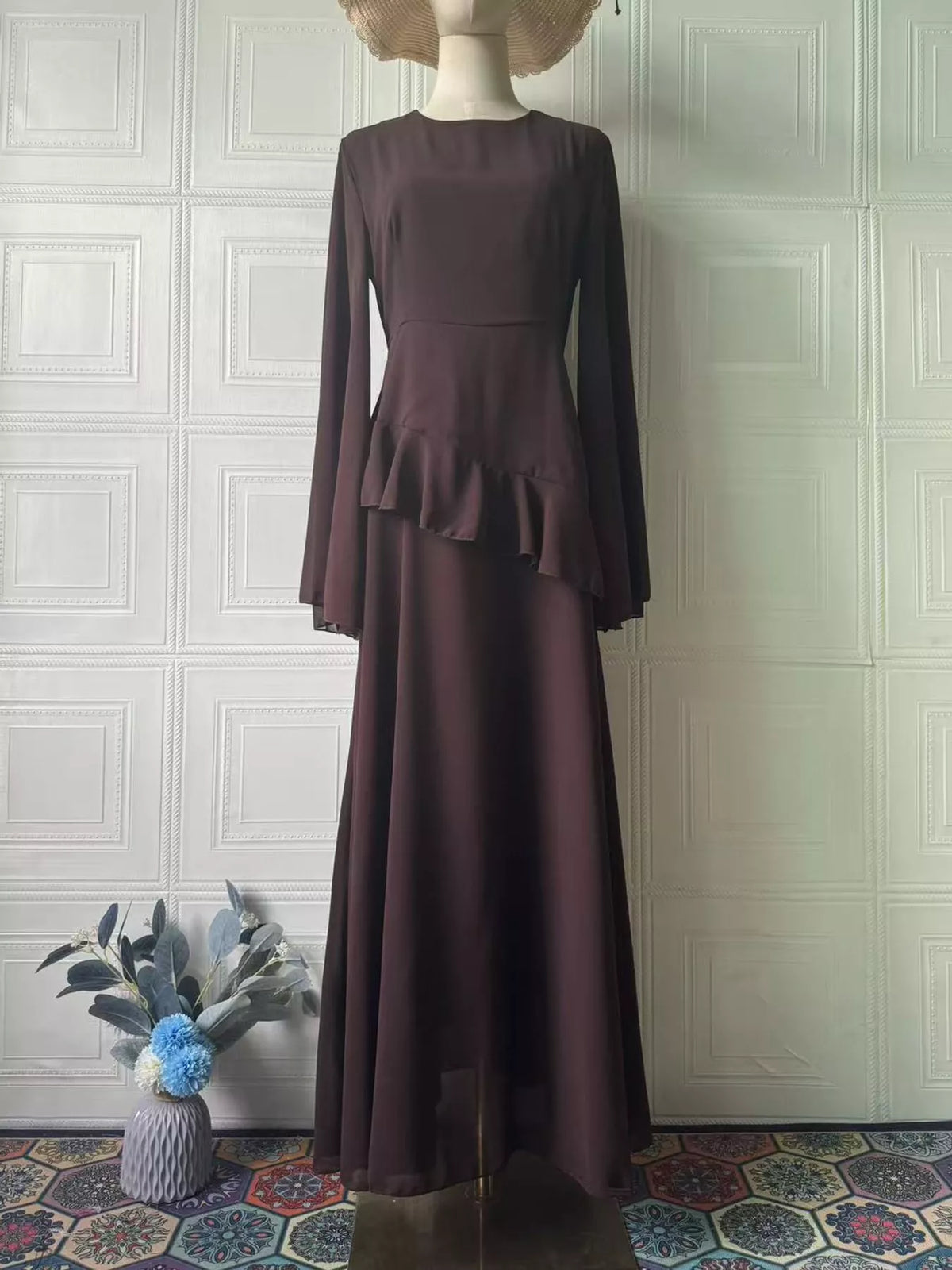 Burgundy ruffled flare sleeve maxi dress, front view