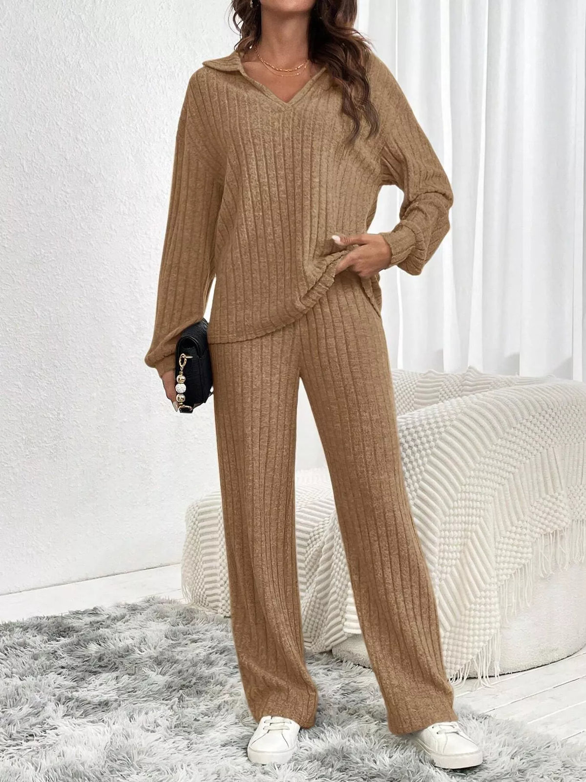 Ribbed Knit Collared Top and Wide Leg Pants Set in camel