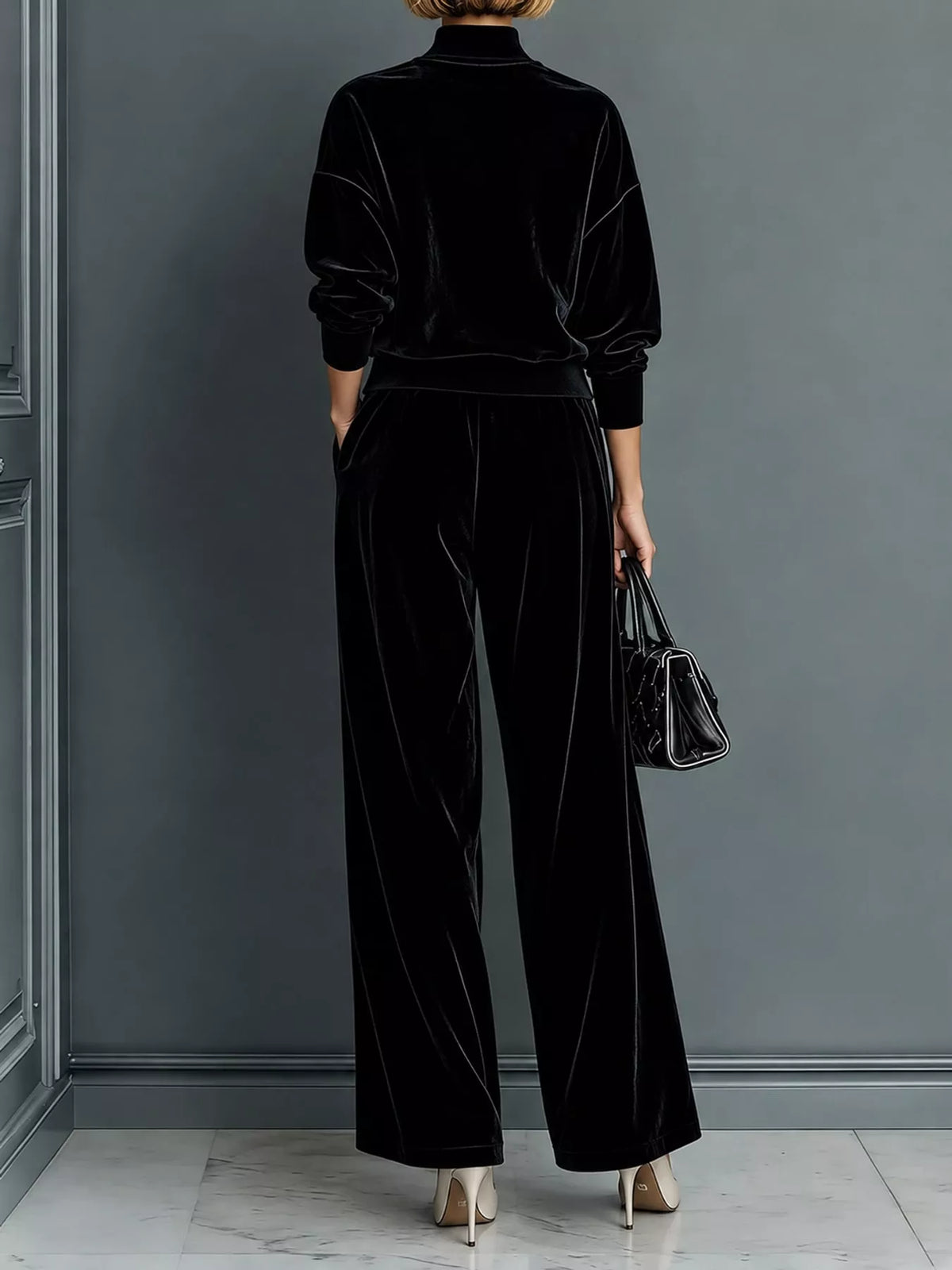 Black velvet mock neck top and wide-leg pants set, back view
