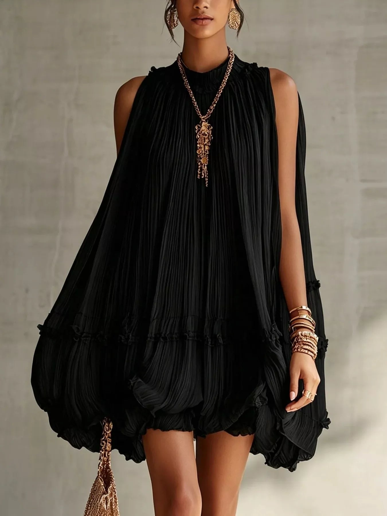 Trendsi Pleated Mock Neck Sleeveless Mini Dress -