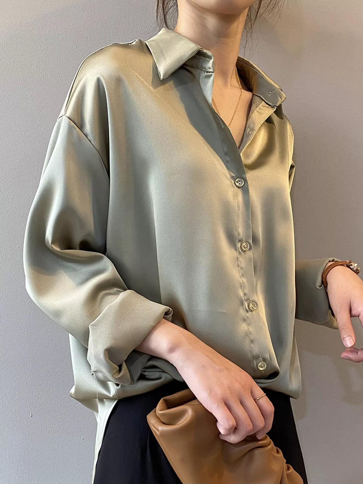 Satin shirt, sage front