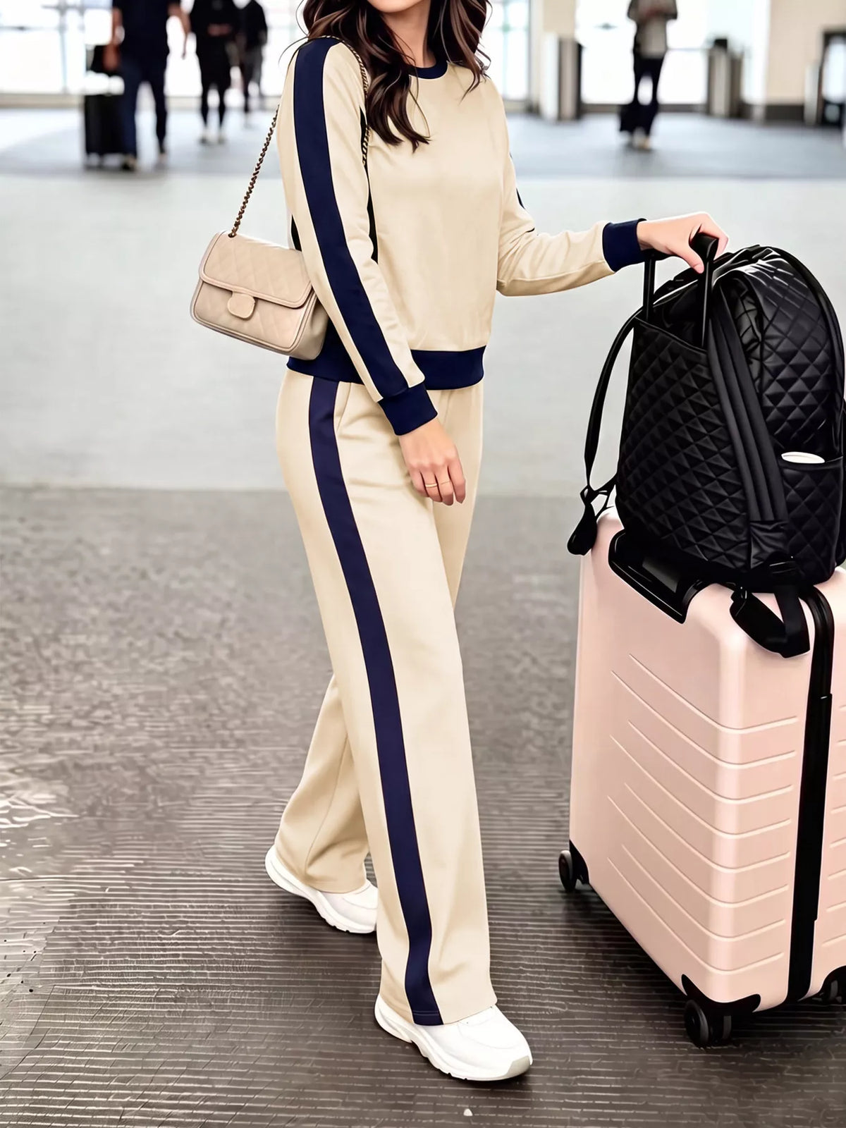Contrast Side Stripes Top and Pants Set in beige and navy, front view