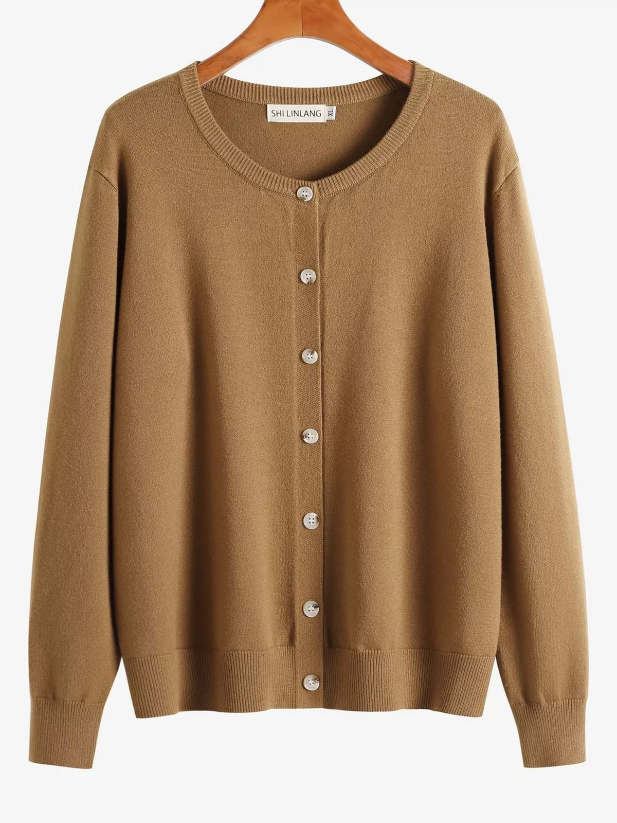 Tan crew neck button down knit cardigan, front view