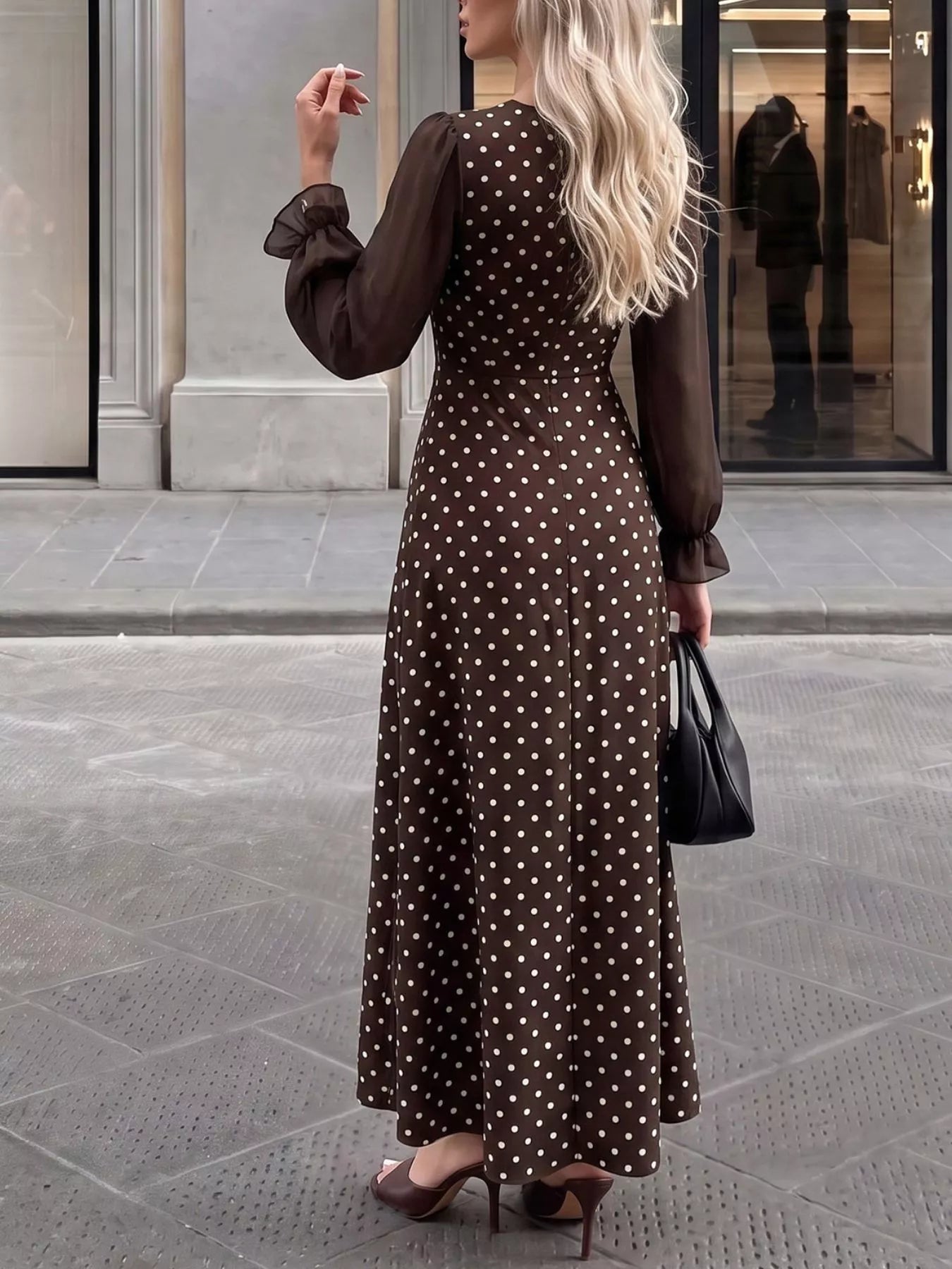 Trendsi Polka Dot Square Neck Long Sleeve Maxi Dress -