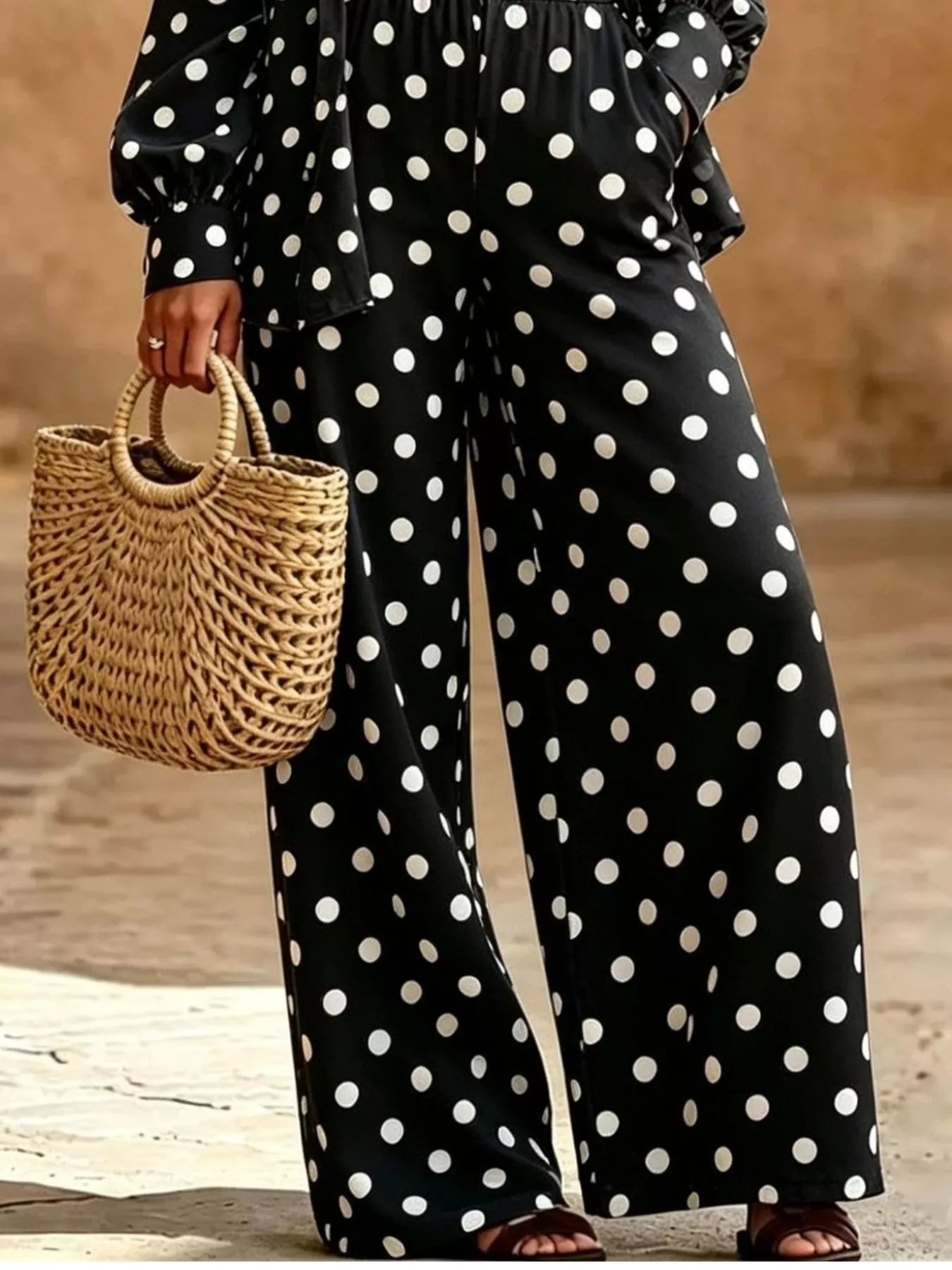 Trendsi Full Size Polka Dot Shirt and Wide-Leg Pants Set Plus Size -