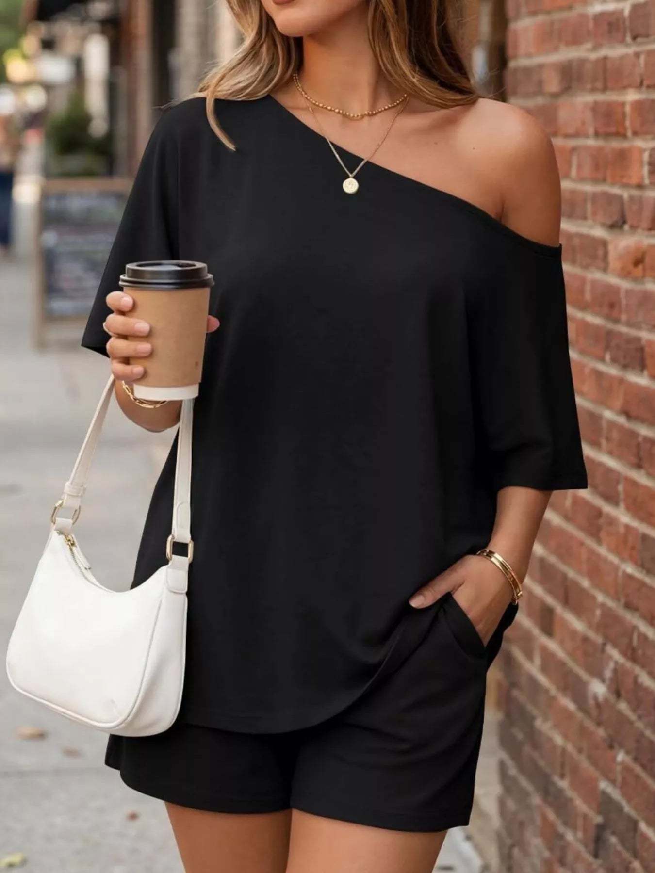 Trendsi One-Shoulder Short Sleeve Top and Shorts Set -