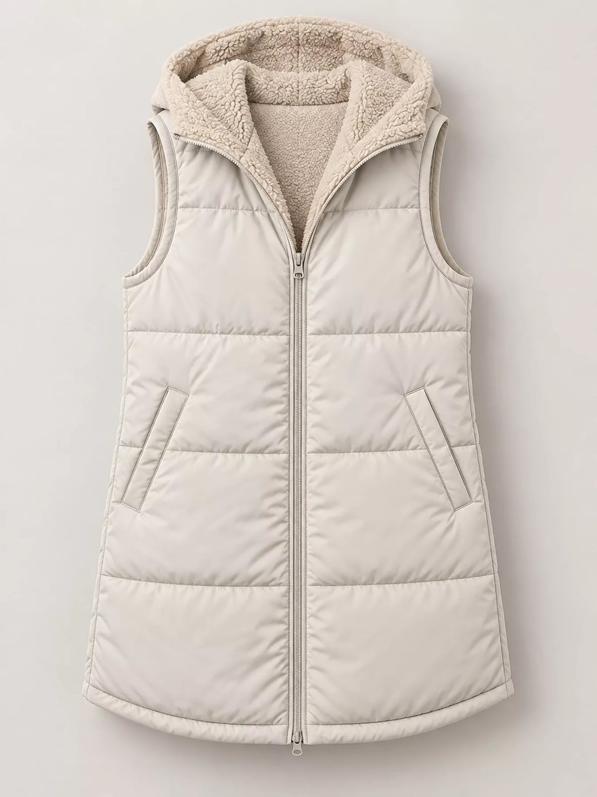 Ivory hooded sherpa-lined puffer vest, product view