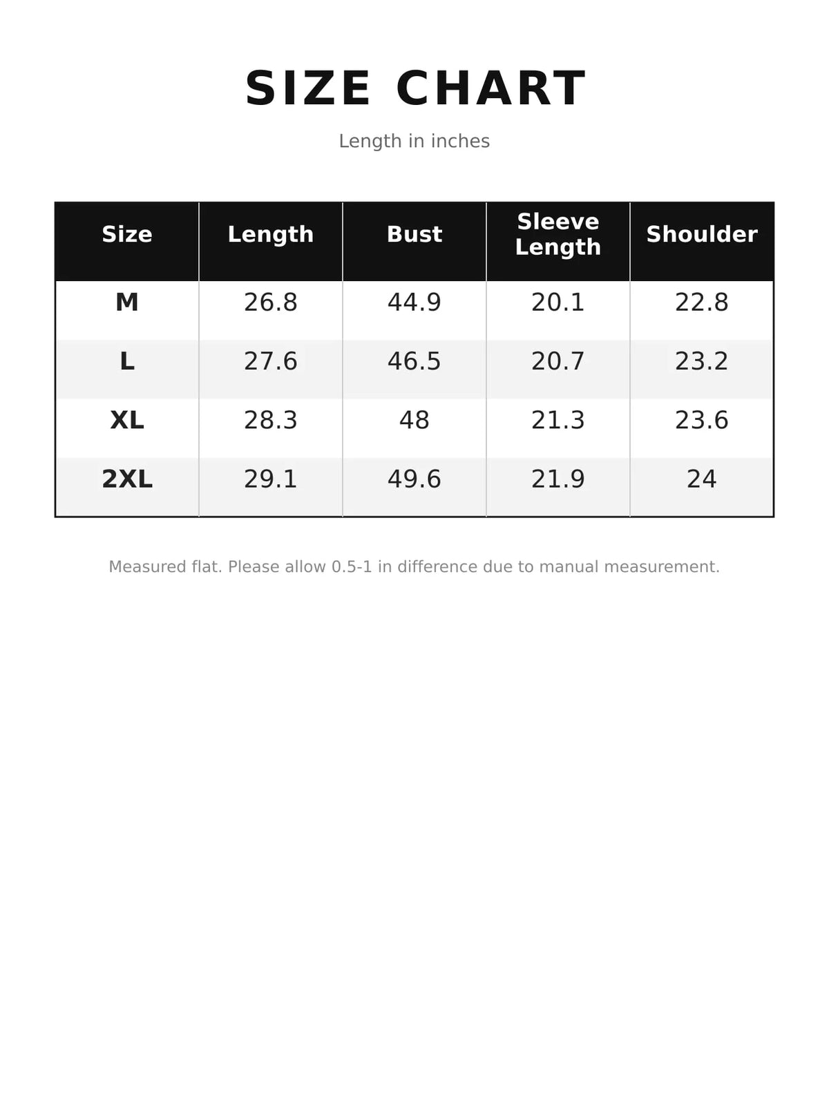Size chart for women's oversized striped crewneck sweatshirt with chest pocket